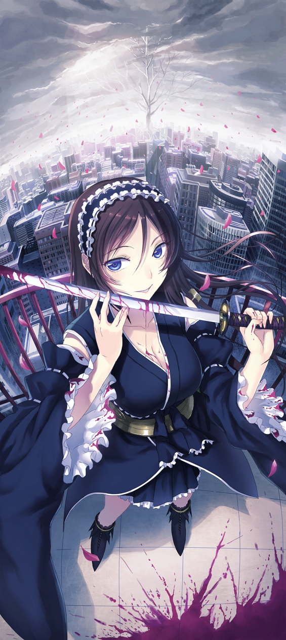 kitiroku, original, highres, 1girl, bare tree, black hair, blood, blue eyes, breasts, city, cityscape, cleavage, cloud, dark cloud, detached sleeves, female focus, fisheye, from above, gothic lolita, grin, japanese clothes, katana, kimono, large breasts, lolita fashion, long hair, petals, smile, solo, sunlight, sword, tree, wa lolita, weapon, yukata