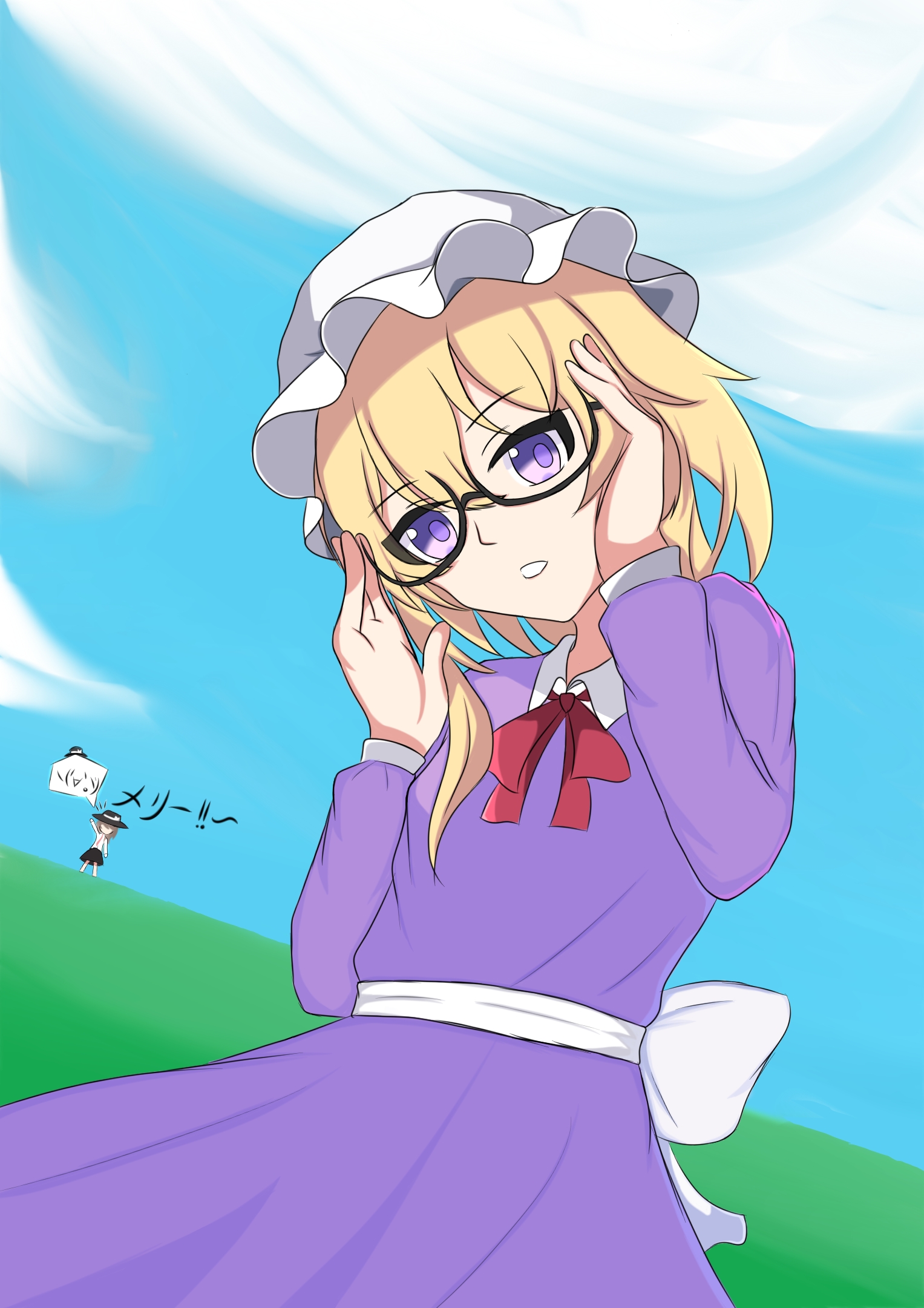 maribel hearn, usami renko, touhou, commentary, highres, translated, variant set, 2girls, adjusting eyewear, back bow, black-framed eyewear, black hat, black skirt, blonde hair, bow, brown hair, cloud, collared dress, contrast collar, day, dress, glasses, grass, hat, hat bow, long sleeves, looking at viewer, medium hair, mob cap, multiple girls, neck ribbon, necktie, open mouth, oppo114514, purple dress, purple eyes, red necktie, red ribbon, ribbon, shirt, skirt, sleeve cuffs, solo focus, standing, waving, white bow, white hat, white shirt
