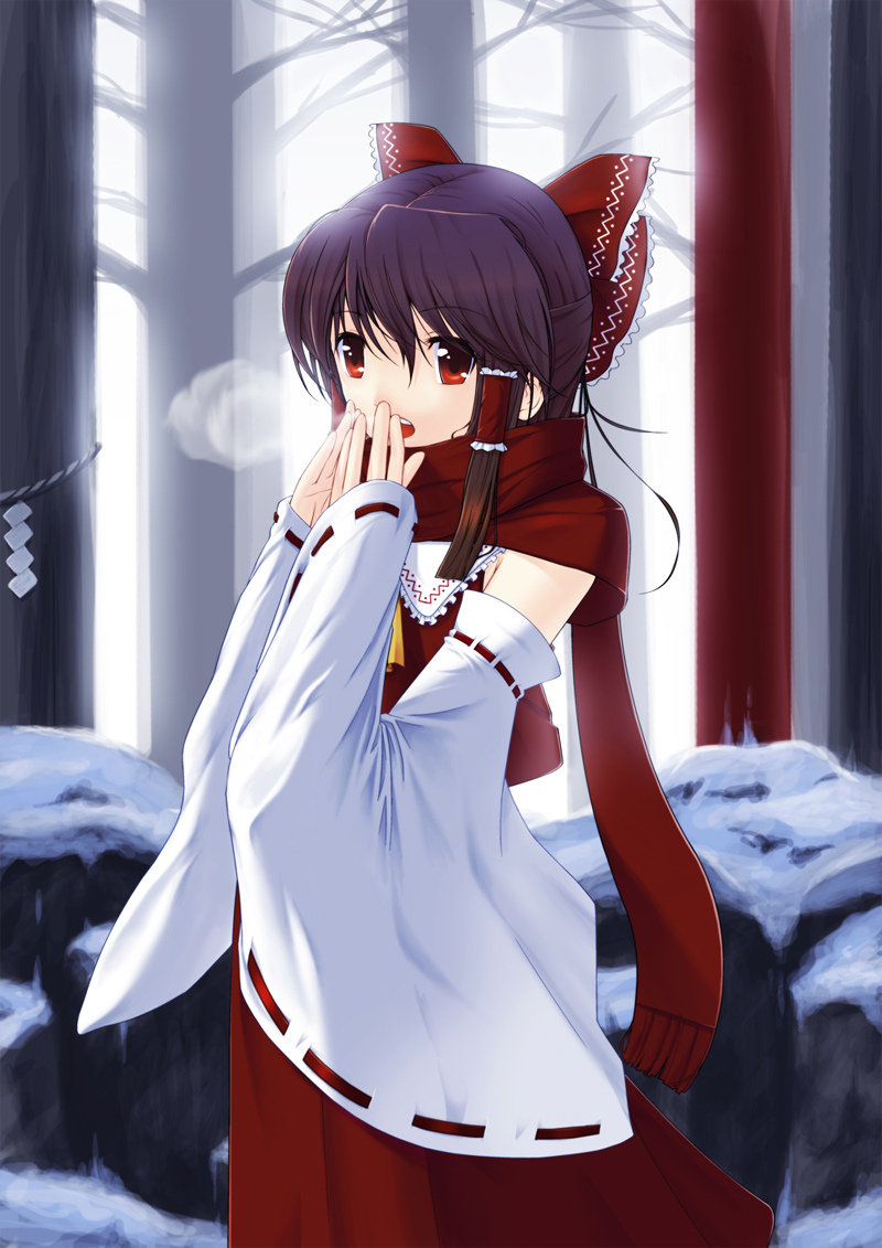 yules, hakurei reimu, perfect cherry blossom, touhou, 1girl, bow, breath, brown hair, cold, detached sleeves, female focus, hair bow, japanese clothes, miko, red eyes, scarf, short hair, snow, solo, winter