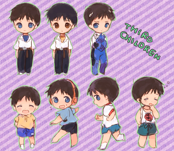 wanono, ikari shinji, neon genesis evangelion, 1boy, chibi, headphones, interface headset (evangelion), male focus, mecha pilot suit, plugsuit (evangelion)