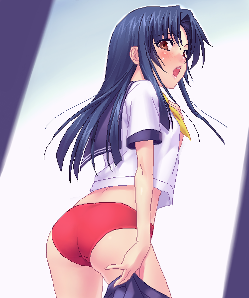 zen, kashiwagi chizuru, kizuato, ass, black hair, blush, long hair, looking back, panties, school uniform, serafuku, solo, surprised, underwear