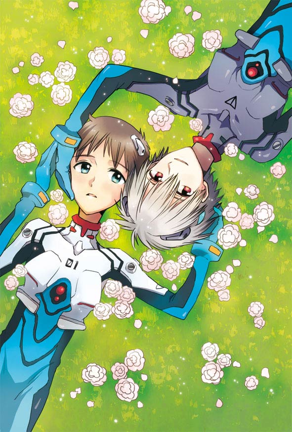 omaru (cinqtrois), ikari shinji, nagisa kaworu, neon genesis evangelion, bad id, bad pixiv id, blush, flower, grass, interface headset (evangelion), mecha pilot suit, plugsuit (evangelion)