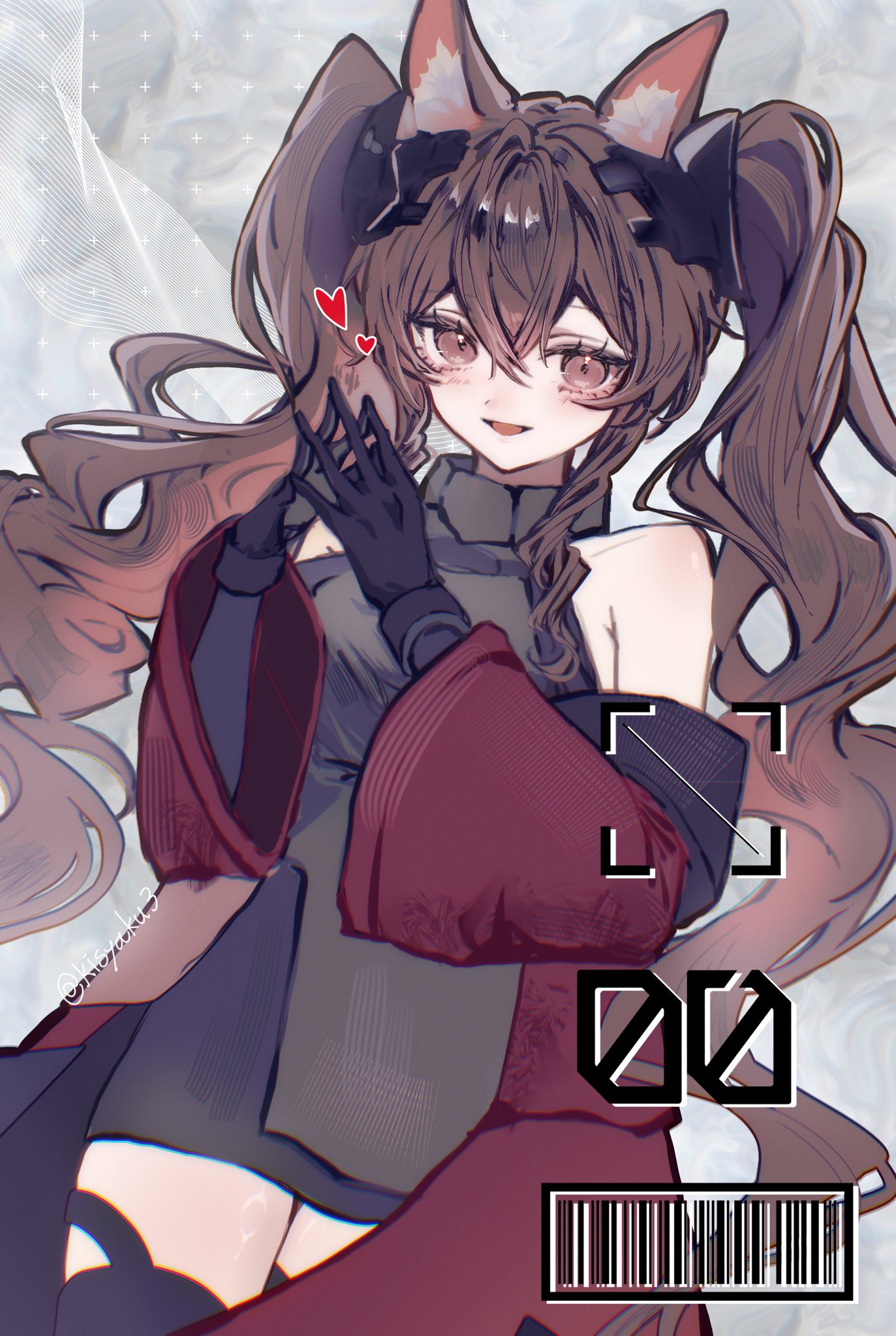 kisyaku3, angelina (arknights), gilberta (arknights), arknights, arknights: endfield, commentary request, highres, 1girl, :d, alternate breast size (larger), animal ear fluff, animal ears, barcode, bare shoulders, black gloves, black thighhighs, breasts, brown hair, chromatic aberration, coat, colored inner animal ears, dot nose, dress, dutch angle, elbow gloves, fox ears, fox girl, gloves, grey dress, hair between eyes, headpiece, heart, high collar, impossible clothes, impossible dress, large breasts, long hair, looking at viewer, off shoulder, open clothes, open coat, open mouth, red coat, short dress, smile, solo, steepled fingers, thighhighs, twintails, twitter username, white background, wide sleeves, zettai ryouiki