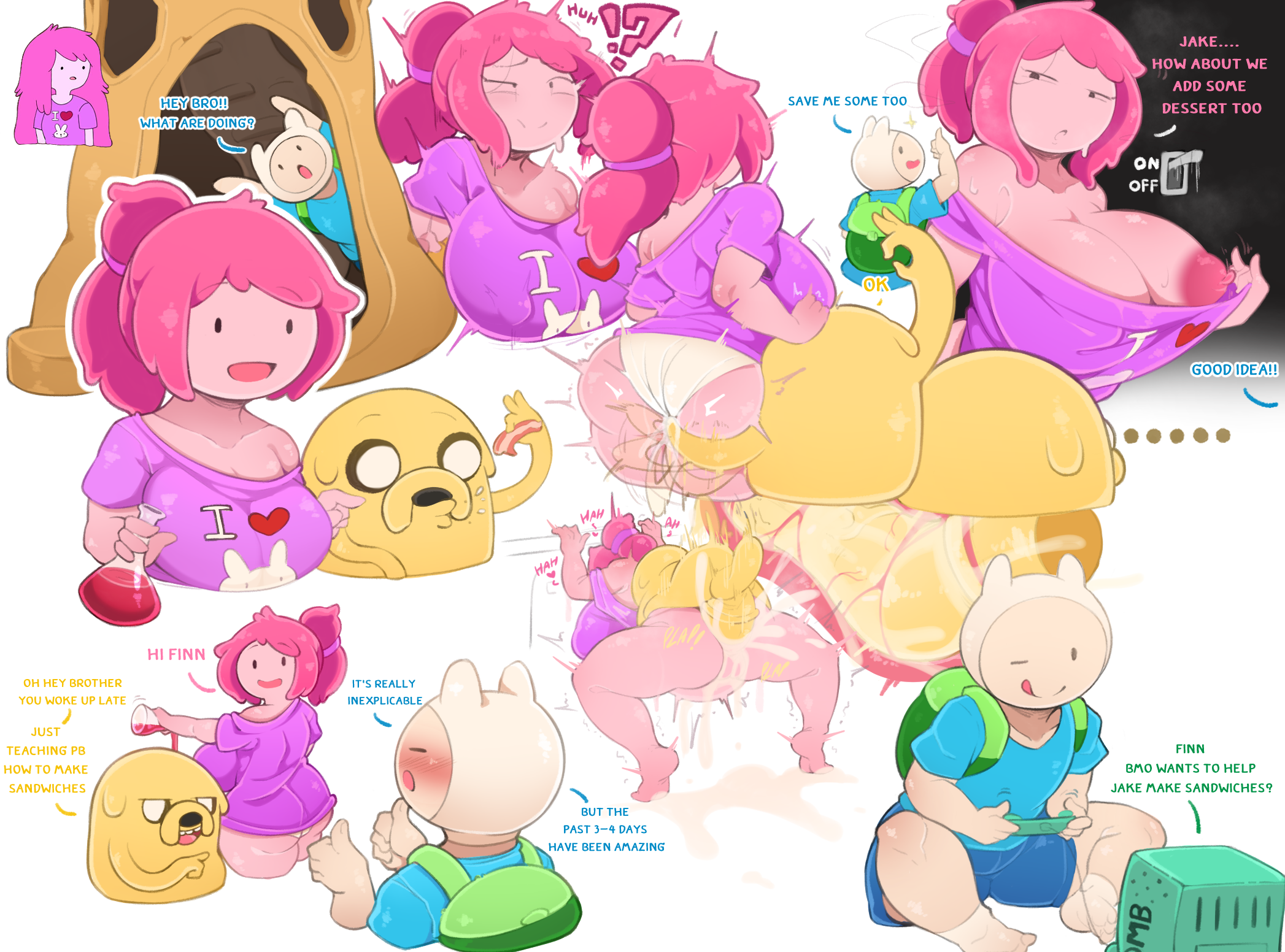 shinolara, finn the human, jake the dog, princess bonnibel bubblegum, adventure time, !?, 1girl, 2boys, ass, blonde hair, blush, breasts, clothed sex, colored skin, cum, cum in pussy, cum on ass, cum on body, cum on lower body, fingering, grabbing another's ass, grabbing from behind, groping, huge ass, huge breasts, huge penis, long hair, masturbation, multiple boys, netorare, open mouth, penis, pink hair, pink skin, sex, sex from behind, simple background, size difference, surprised, white background, x-ray, yellow skin