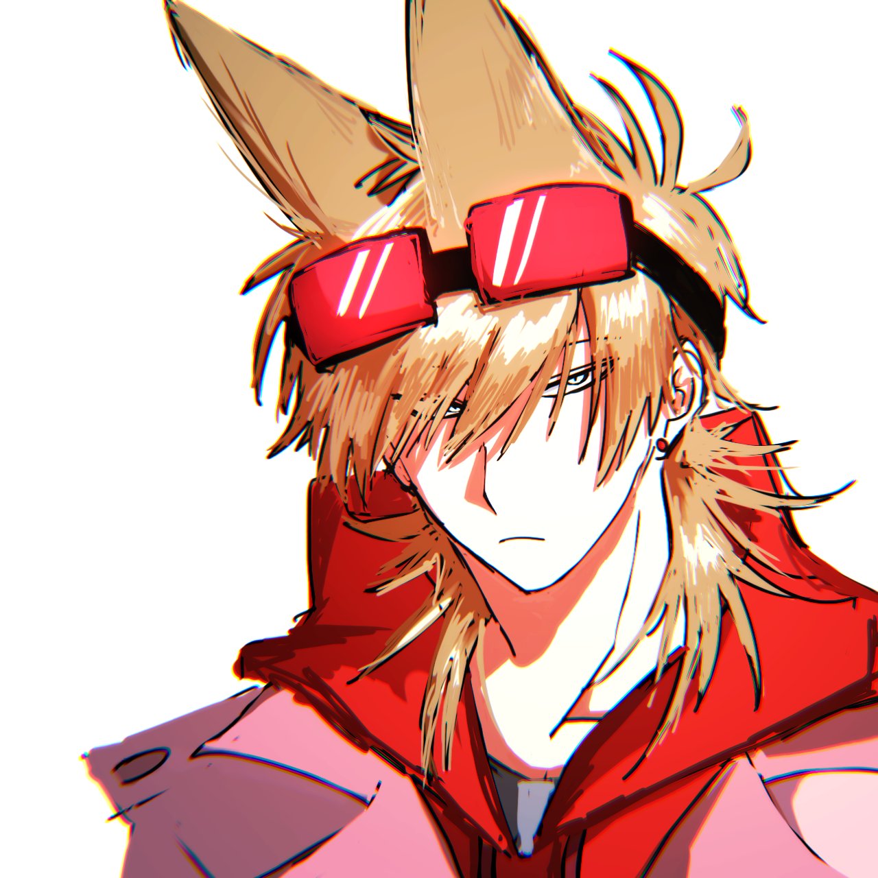 goma (gomaaa 86), eddsworld, commentary request, highres, 1boy, alternate costume, animification, antenna hair, brown hair, drawstring, flipped hair, goggles, goggles on head, hair ears, hood, hood down, hoodie, jacket, looking at viewer, male focus, open clothes, open jacket, pink jacket, plain epaulettes, portrait, red hoodie, short hair, simple background, solo, tord (eddsworld), white background