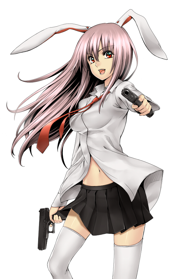 takemori shintarou, reisen udongein inaba, touhou, bad id, bad pixiv id, 1girl, aiming, aiming at viewer, animal ears, female focus, glock, gun, handgun, holding, holding gun, holding weapon, long hair, necktie, pistol, purple hair, rabbit ears, red eyes, red necktie, solo, thighhighs, weapon, zettai ryouiki