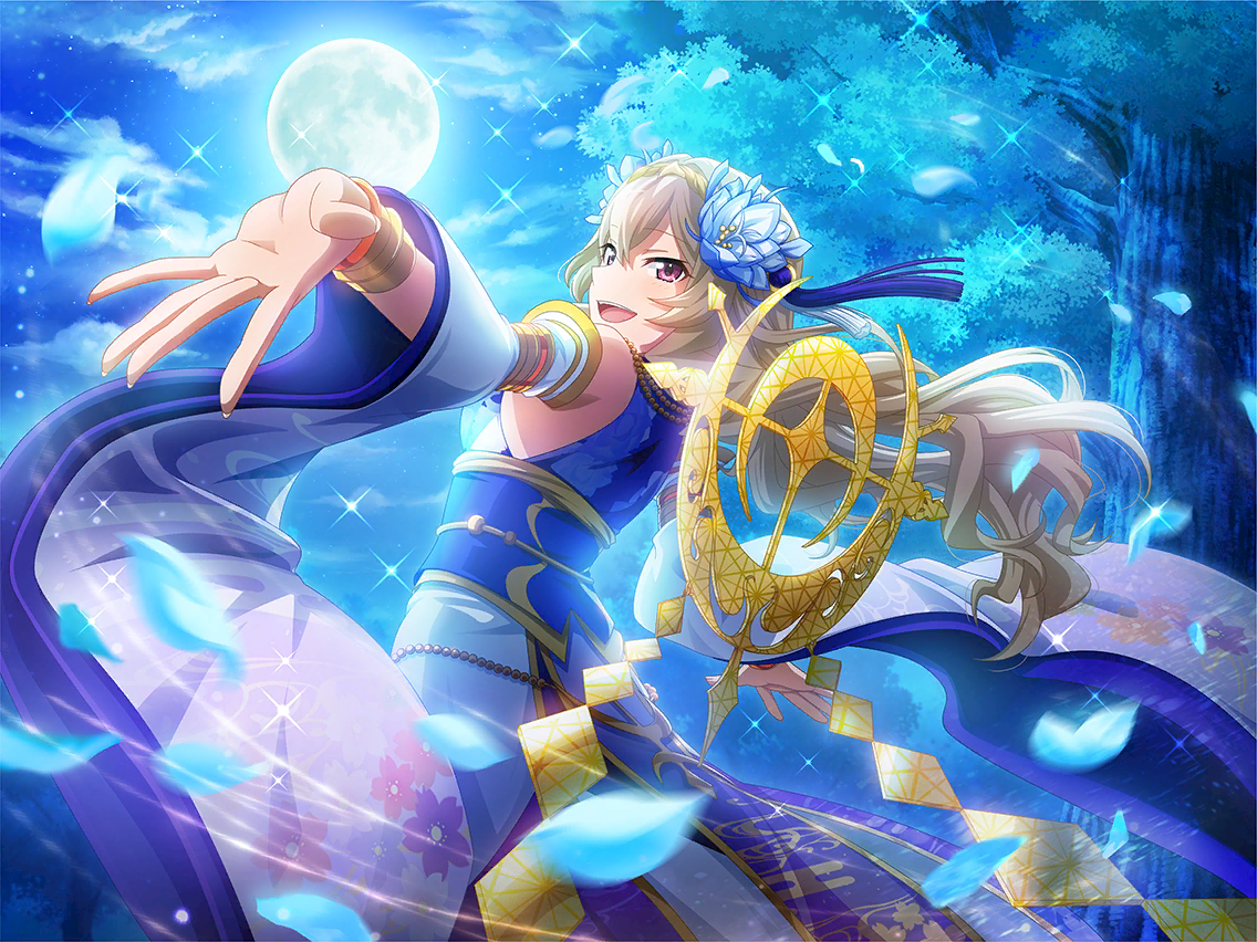 saijou claudine, japanese mythology, shoujo kageki revue starlight, shoujo kageki revue starlight -re live-, game cg, official art, 1girl, bracelet, brown hair, cosplay, detached sleeves, egasumi, falling petals, floating hair, floral print, flower, full moon, hair between eyes, hair flower, hair ornament, japanese clothes, jewelry, kimono, long hair, looking at viewer, looking back, moon, night, open mouth, outstretched arms, petals, purple eyes, purple kimono, solo, standing, tree, tsukuyomi (mythology), tsukuyomi (mythology) (cosplay), upper body, wavy hair, wide sleeves