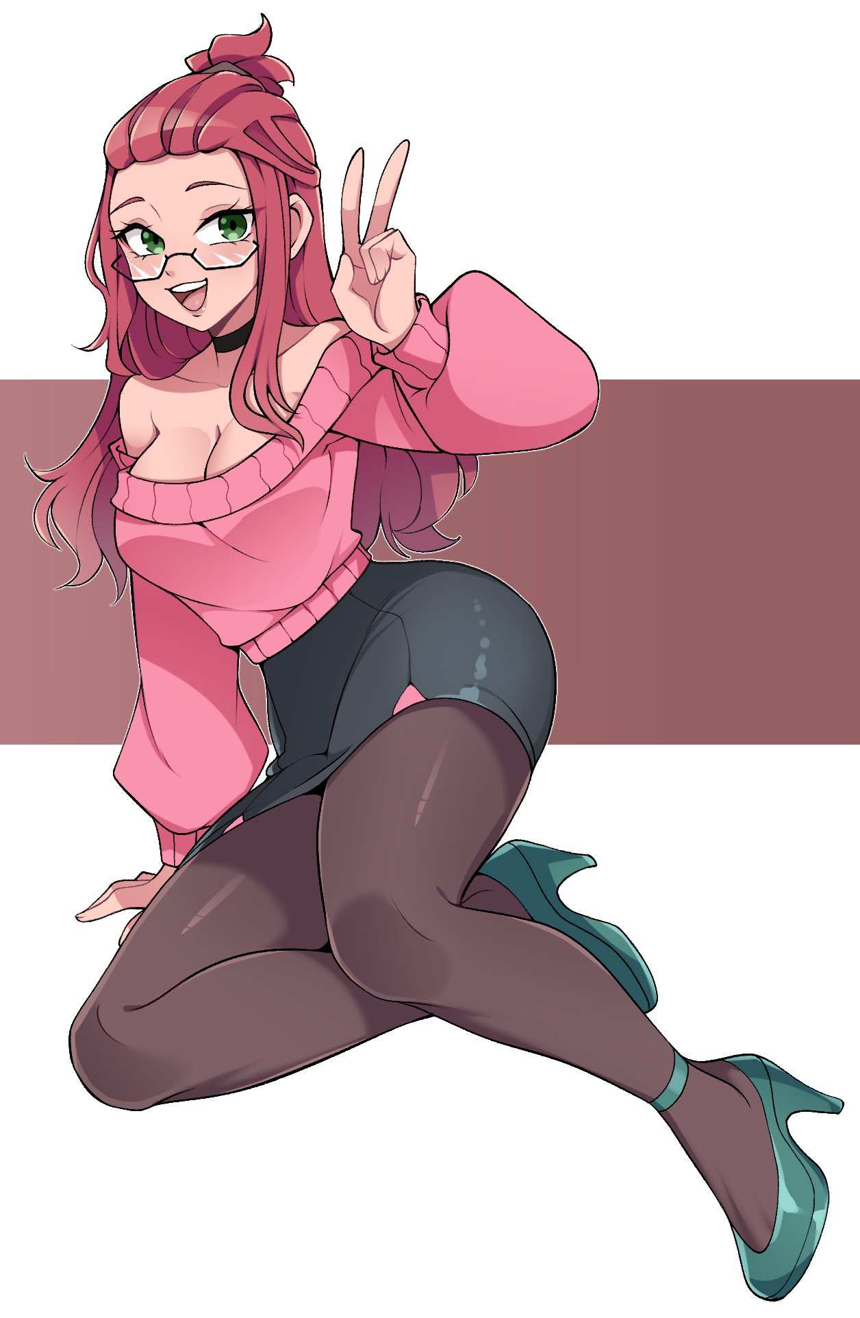 oninuer, original, commentary, commission, english commentary, highres, 1girl, bangs pinned back, bare shoulders, black choker, black skirt, breasts, brown pantyhose, choker, cleavage, full body, green eyes, green shoes, hand up, high heels, large breasts, long hair, long sleeves, looking at viewer, off-shoulder sweater, off shoulder, open mouth, pantyhose, pencil skirt, pink hair, pink sweater, shoes, skirt, smile, solo, sweater, v