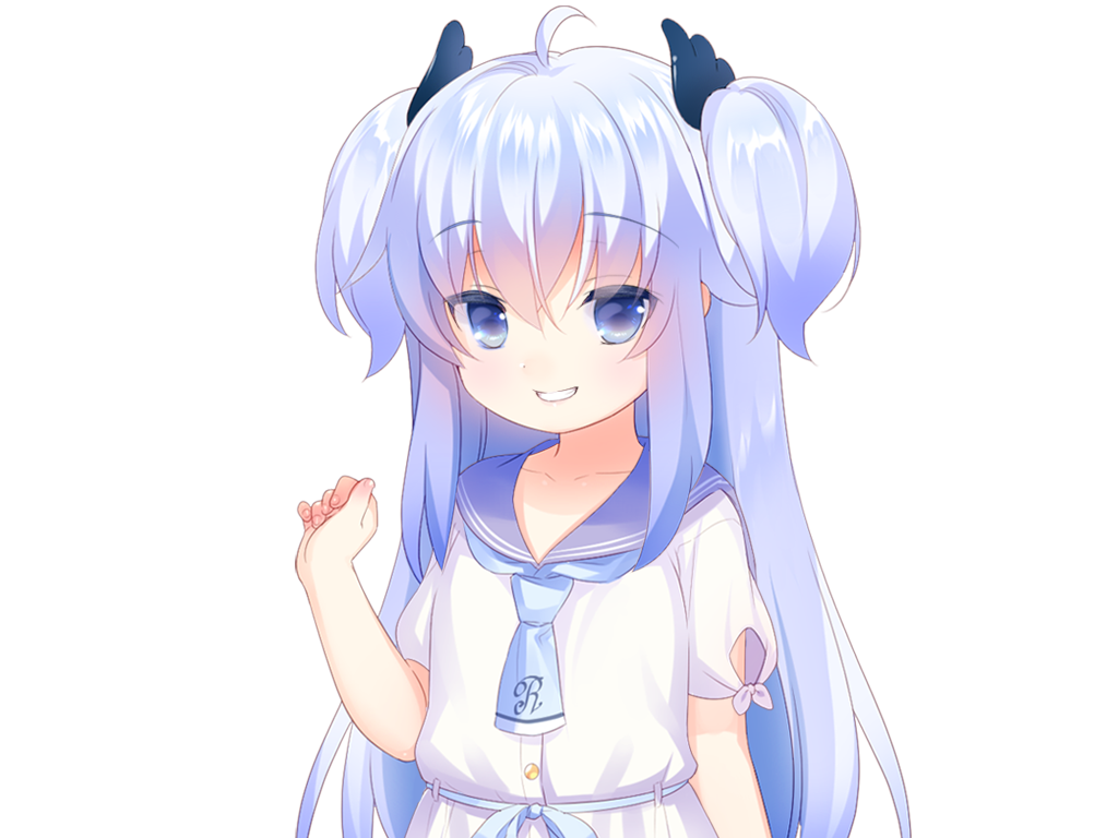 usashiro mani, sunao (harem futago lolita), harem futago lolita, game cg, large variant set, non-web source, variant set, 1girl, ahoge, blue eyes, blue hair, blue necktie, blue sailor collar, buttons, grin, hair between eyes, hand up, long hair, looking at viewer, necktie, pleated skirt, sailor collar, school uniform, serafuku, shirt, short sleeves, sidelocks, simple background, skirt, smile, solo, tachi-e, transparent background, two side up, white shirt, white skirt