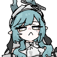 grape (grayp), xaihi (arknights), arknights, arknights: endfield, lowres, 1girl, :<, blue eyes, blue hair, close-up, dot nose, dragon horn, high collar, jaggy lines, long hair, looking at viewer, multicolored eyes, simple background, solo, two-tone eyes, upper body, white background, yellow eyes