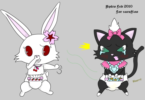 ruby (jewelpet), jewelpet, jewelpet (series), character request, tagme, 2010, cat, creature, crying, diaper, green eyes, grey background, laughing, motion lines, no humans, poorly drawn, rabbit, red eyes, sad, simple background, tears, text focus
