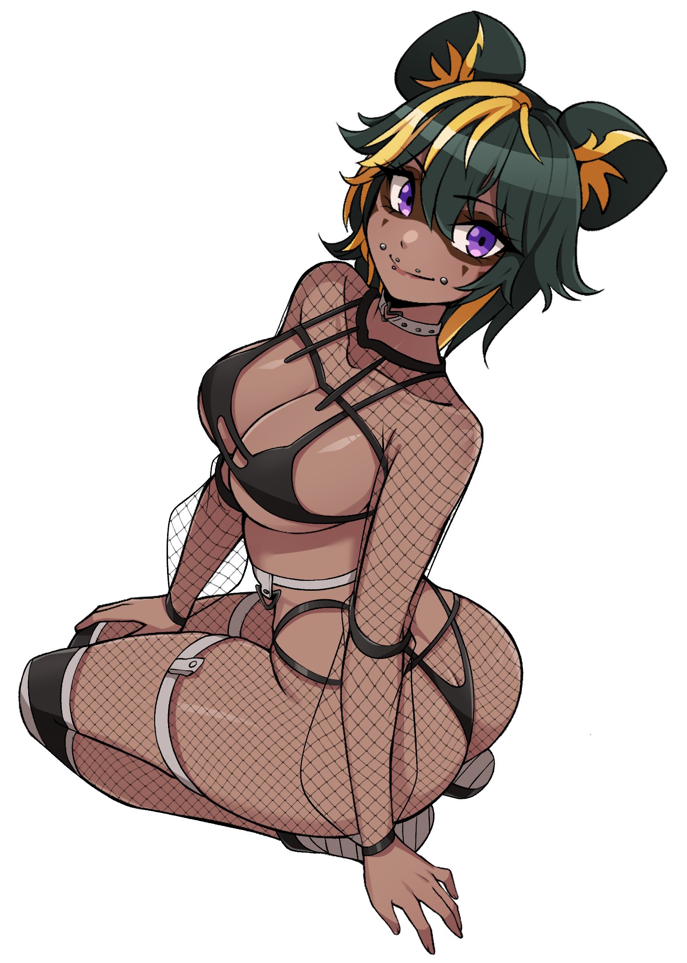 oninuer, original, commentary, commission, english commentary, highres, 1girl, animal ear fluff, animal ears, ass, bikini, black bikini, blonde streaks, breasts, cheek piercing, closed mouth, dark-skinned female, dark skin, double-parted bangs, face piercing, fishnet pantyhose, fishnet shrug, fishnets, from above, full body, grey hair, hair between eyes, large breasts, lip piercing, looking at viewer, multicolored hair, multiple piercings, pantyhose, piercing, purple eyes, seiza, short hair, shrug (clothing), simple background, sitting, smile, solo, streaked hair, swimsuit, white background