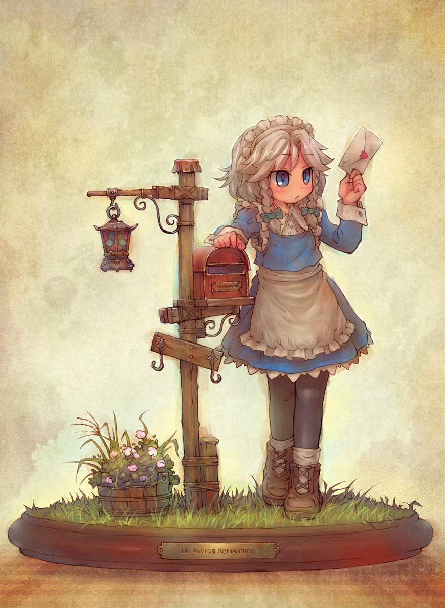 sankuma, izayoi sakuya, touhou, silver hair, highres, 1girl, blue eyes, braid, faux figurine, female focus, hair ribbon, heart, italian text, lamp, letter, maid, mailbox, pantyhose, ribbon, solo, twin braids