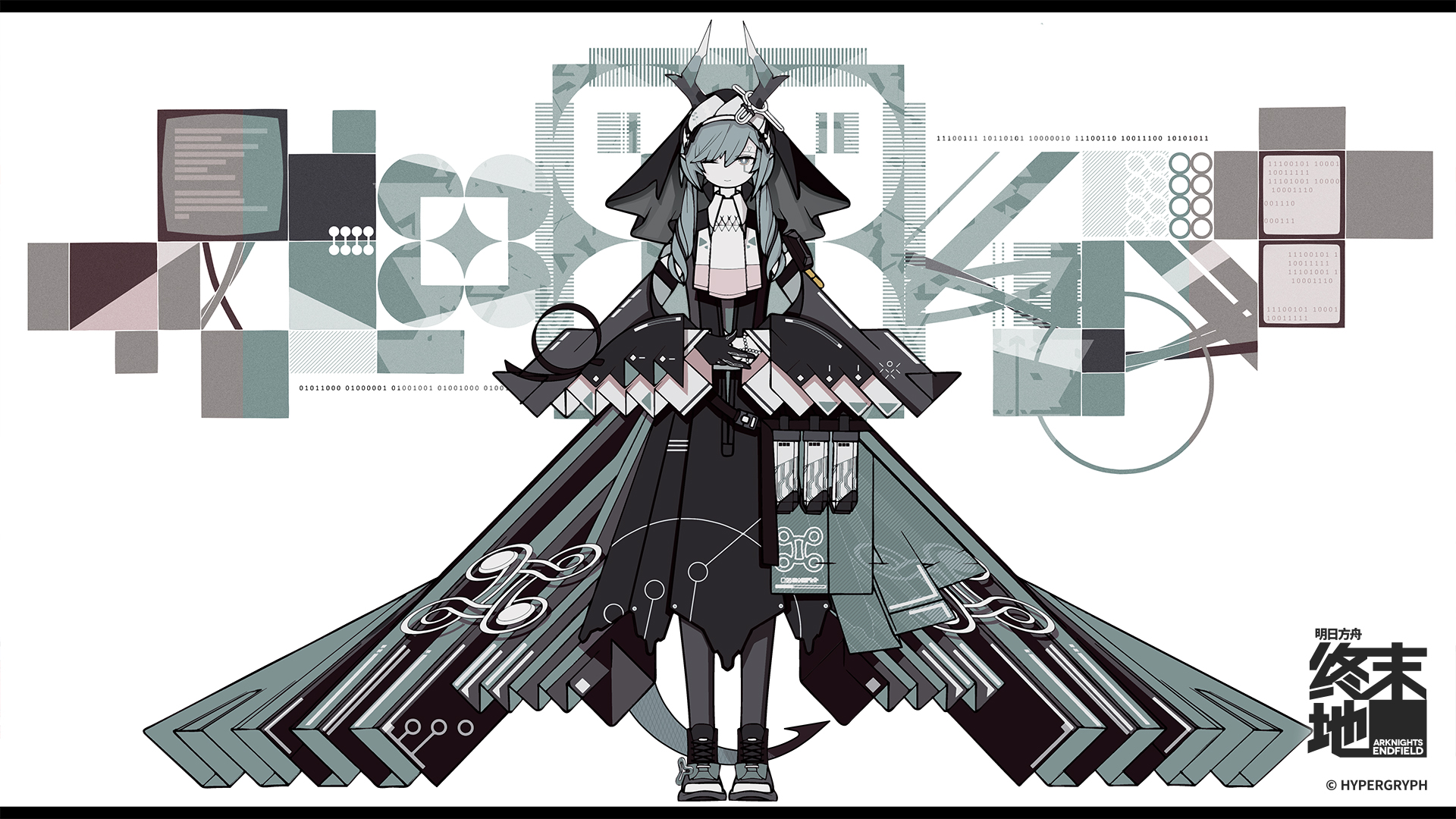 harano kaguyama, xaihi (arknights), arknights, arknights: endfield, commentary request, highres, official art, 1girl, aqua hair, black dress, black gloves, company name, copyright logo, copyright name, dress, full body, gloves, horns, logo, looking at viewer, nun headdress, one eye closed, pantyhose, shoes, single glove, solo, standing, veil