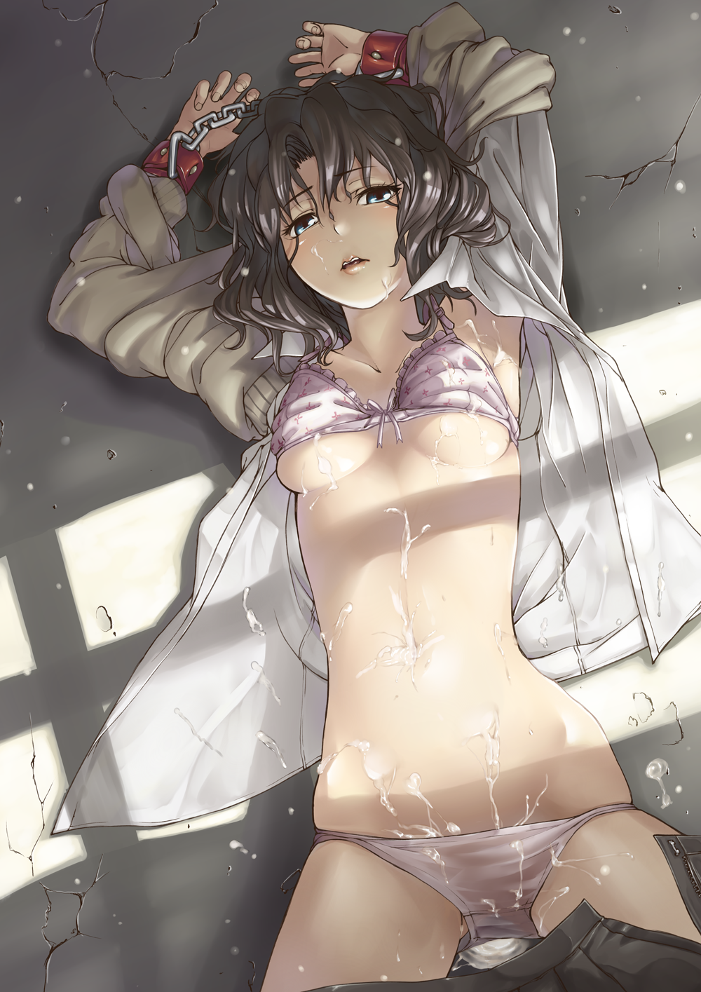 azuma ren, tanamachi kaoru, amagami, highres, 1girl, aftersex, bdsm, black hair, blue eyes, bondage, bound, bra, breasts, chain, clothes pull, cum, cum in navel, cum in pussy, cum on body, cum on breasts, cum on clothes, cum on floor, cum on lower body, cum on stomach, cum on upper body, cum pool, facial, female focus, lingerie, looking at viewer, lying, medium breasts, medium hair, on back, open clothes, open mouth, open shirt, panties, pleated skirt, shirt, skirt, skirt pull, solo, underboob, underwear
