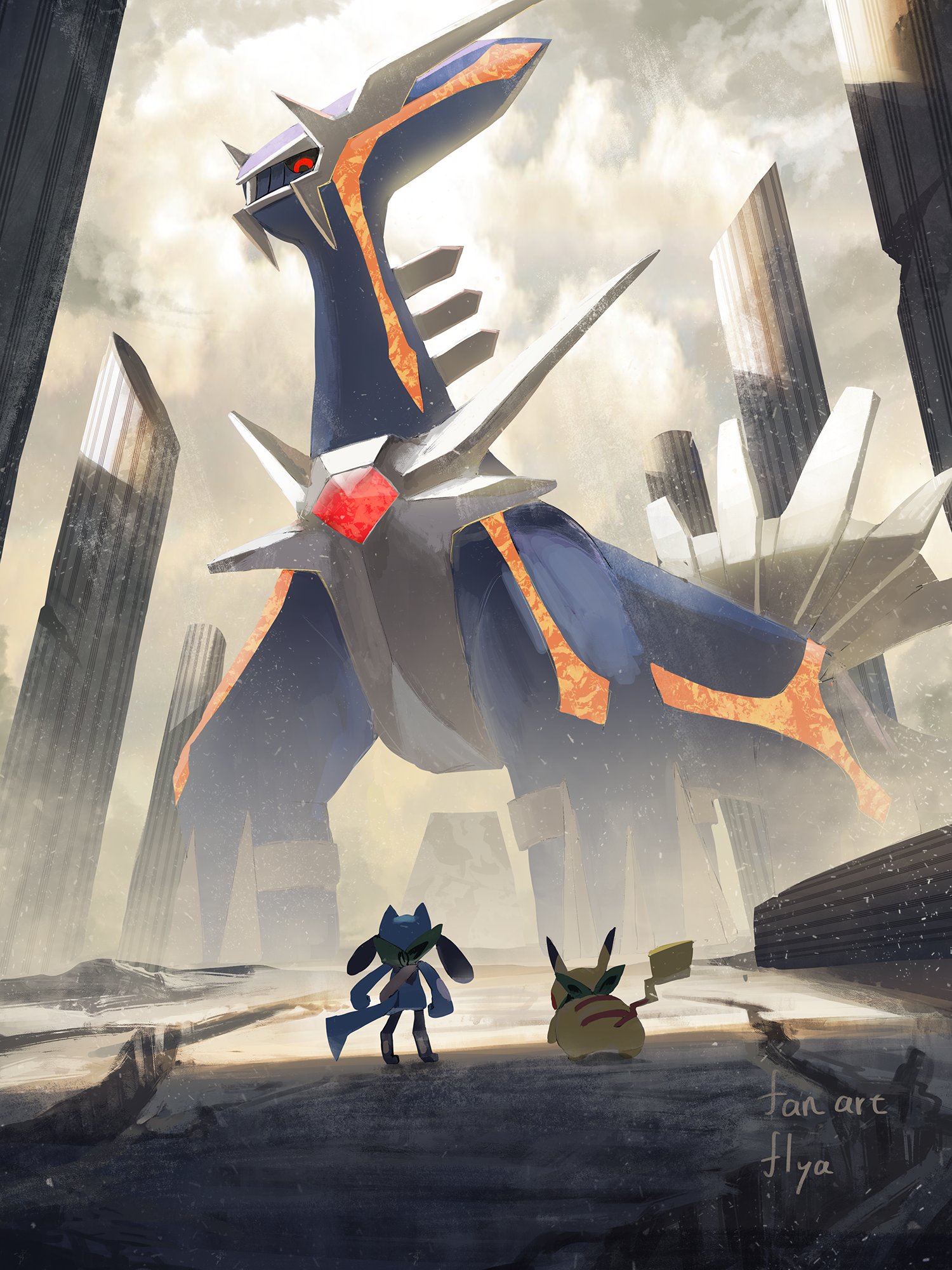 flyaspring4, dialga, pikachu, riolu, nintendo, pokemon, pokemon mystery dungeon, commentary request, highres, black sclera, colored sclera, day, gen 1 pokemon, gen 4 pokemon, legendary pokemon, looking down, no humans, outdoors, pillar, pokemon (creature), pokemon focus, red eyes, shadow, signature