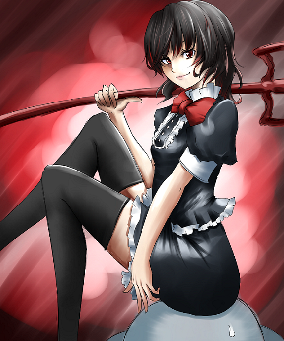 momoriri, houjuu nue, touhou, bad id, bad pixiv id, 1girl, black hair, black thighhighs, female focus, red eyes, short hair, sitting, solo, thighhighs, ufo, zettai ryouiki