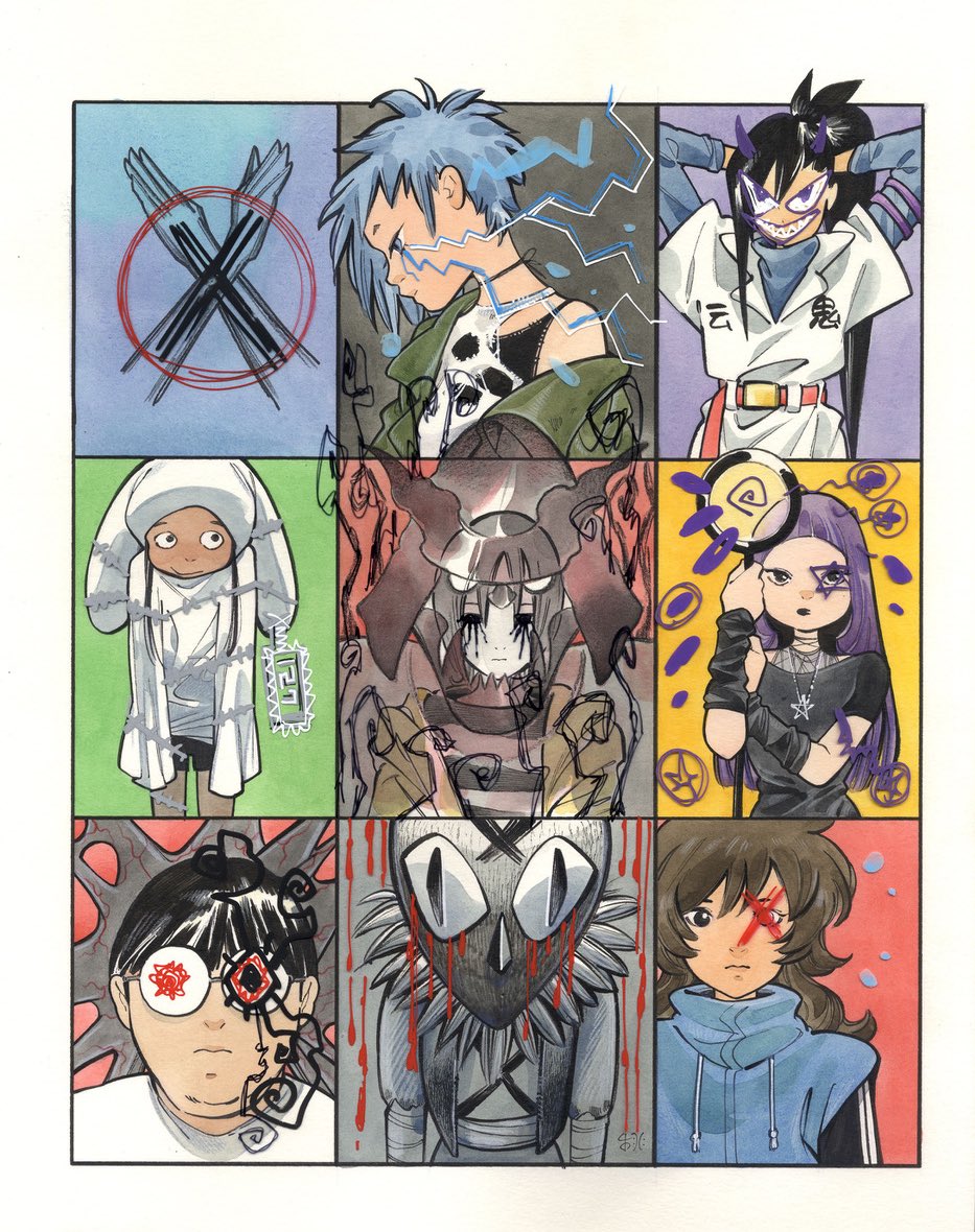 peach momoko, ashida noriko, ichiki hisako, ichiki hisako (ultimate x-men 2024), nico minoru, psylocke, marvel, ultimate x-men (2024), x-men, comic cover, official art, textless version, 1boy, 6+girls, arms behind head, black hair, black shirt, blue eyes, blue hair, blue track suit, blunt bangs, brown hair, coat, cover, cover page, electricity, goth fashion, hexagram, holding, holding staff, jewelry, kanon sainouchi, long hair, looking at viewer, mask, maystorm (marvel), mori (marvel), multiple girls, natsu tsukishima, necklace, plump, purple hair, round eyewear, shadow king (x-men), sharp teeth, shinobu kageyama, shirt, short hair, spiked hair, staff, star (symbol), star necklace, star of david, surge (x-men), tan, teeth, tokkoufuku, track suit, white shirt