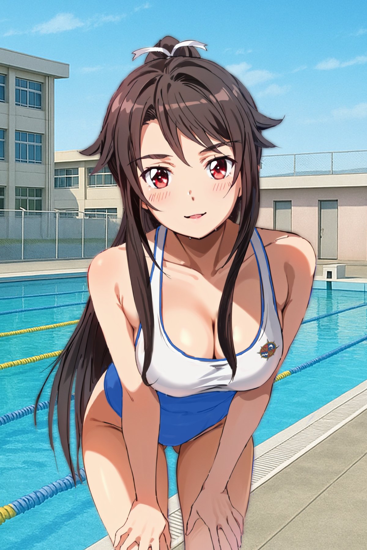 tamura ten, munetani mashiro, high school fleet, commentary request, highres, 1girl, black hair, blue one-piece swimsuit, blue sky, breasts, building, cleavage, cloud, competition swimsuit, day, hands on own thighs, lane line, logo, long hair, medium breasts, one-piece swimsuit, outdoors, pool, red eyes, sky, smile, solo, swimsuit, two-tone swimsuit, yokosuka girls marine high school swimsuit