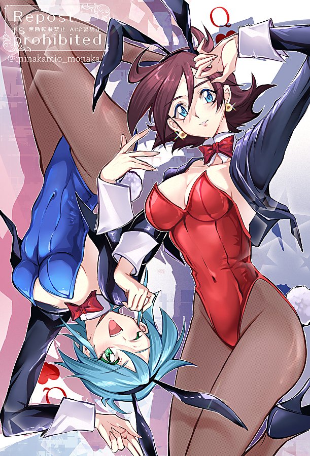 minakami monaka, allenby beardsley, rain mikamura, g gundam, gundam, commentary request, 2girls, animal ear hairband, animal ears, aqua hair, black jacket, black pantyhose, blue bow, blue bowtie, blue eyes, bow, bowtie, breasts, brown hair, covered navel, detached collar, fake animal ears, hair between eyes, hairband, highleg, highleg leotard, jacket, leotard, medium breasts, multiple girls, one eye closed, pantyhose, playboy bunny, rabbit ears, rabbit tail, red bow, red bowtie, red leotard, short hair, smile, strapless, strapless leotard, tail, watermark, wrist cuffs