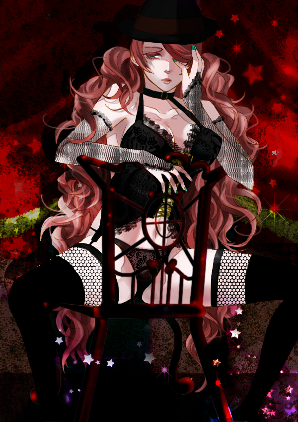 moniko, megurine luka, vocaloid, bad id, bad pixiv id, 1girl, blue eyes, chair, female focus, fishnet gloves, fishnet thighhighs, fishnets, gloves, green nails, lingerie, long hair, nail polish, pink hair, solo, thighhighs, underwear