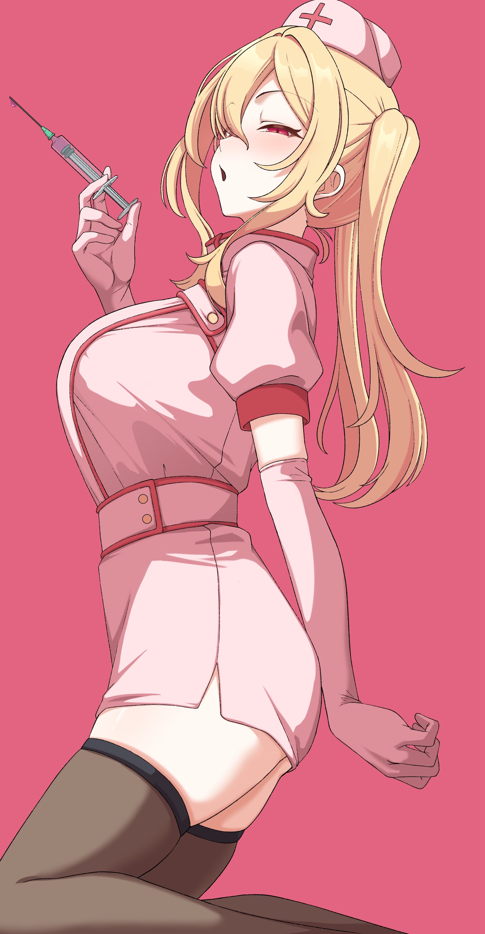 tantei001, kurosaki chitose, idolmaster, idolmaster cinderella girls, absurdres, commentary request, highres, 1girl, black thighhighs, blonde hair, breasts, from side, hat, holding, holding syringe, large breasts, long hair, nurse, nurse cap, pink background, red eyes, simple background, solo, syringe, thighhighs, twintails