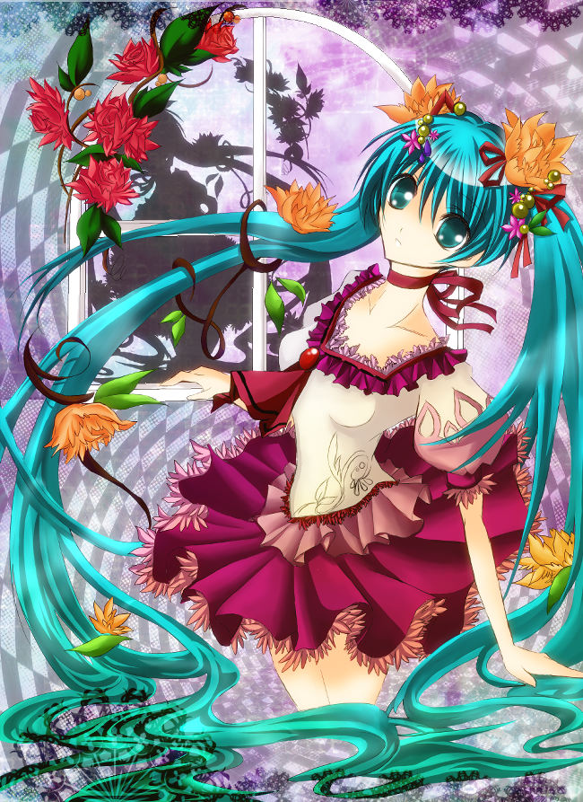 hatsune miku, vocaloid, non-web source, tagme, green eyes, green hair, long hair, solo, twintails