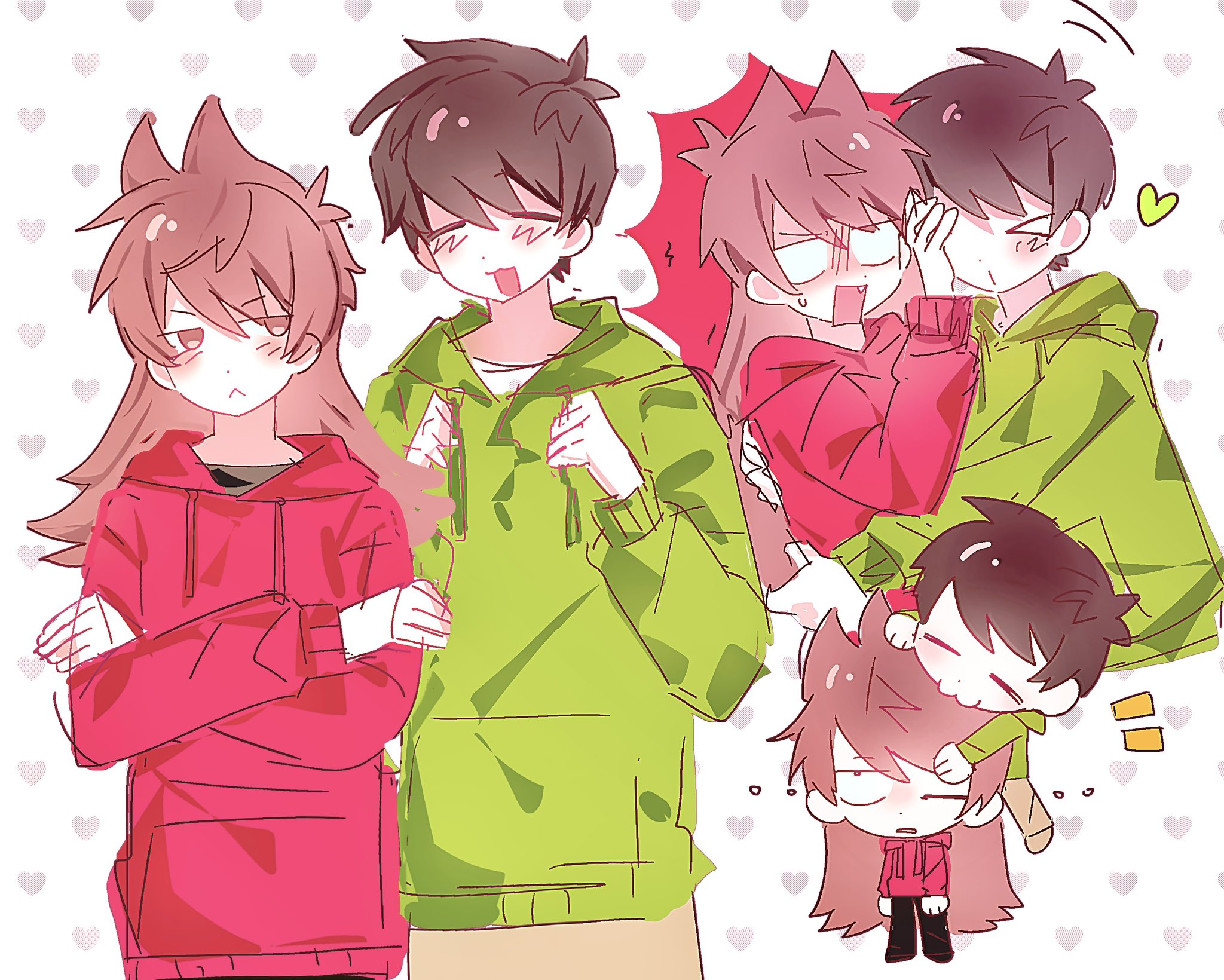 edd (eddsworld), eddsworld, highres, > <, 1boy, 1girl, :3, :d, = =, angry, animification, annoyed, antenna hair, blank eyes, blush, brown hair, chibi, crossed arms, drawstring, fang, frown, green hoodie, hair behind ear, hair ears, heart, heart background, height difference, hetero, hood, hood down, hoodie, hug, jitome, long hair, long sleeves, looking at another, multiple views, one eye closed, open mouth, pants, polka dot, polka dot background, red hoodie, short hair, simple background, sketch, smile, swept bangs, tori (eddsworld), white background, yunian77