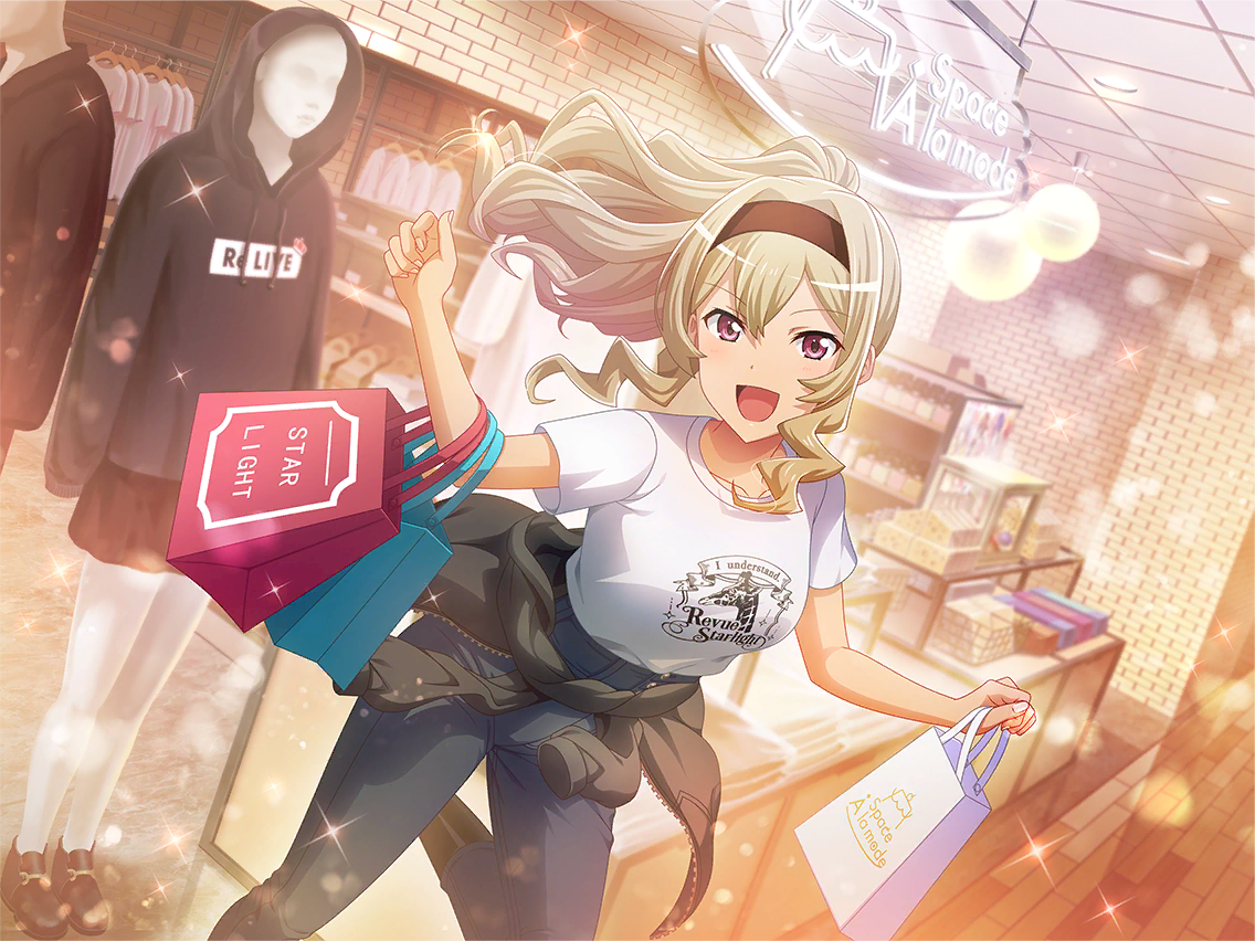 saijou claudine, animate (company), shoujo kageki revue starlight, shoujo kageki revue starlight -re live-, game cg, official art, 1girl, bag, black hairband, black hoodie, black jacket, black pants, brown hair, clothes around waist, clothes writing, hair between eyes, hairband, holding, holding bag, hood, hoodie, jacket, jacket around waist, long hair, looking at viewer, mannequin, open mouth, pants, ponytail, purple eyes, shirt, shop, shopping bag, short sleeves, sidelocks, solo, standing, standing on one leg, upper body, wavy hair, white shirt