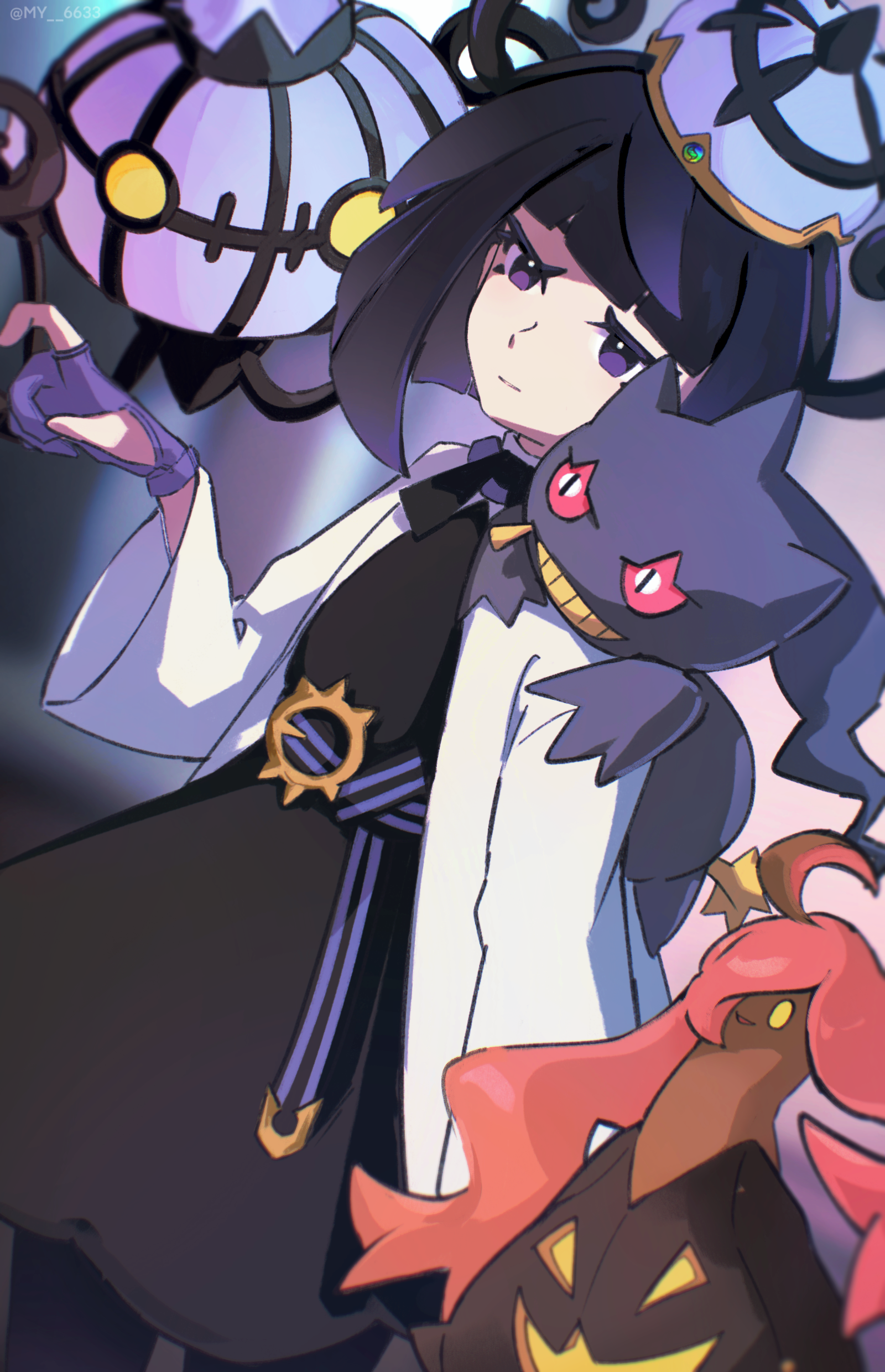my (my 6633), banette, chandelure, gourgeist, gwynn (pokemon), nintendo, pokemon, pokemon legends: z-a, absurdres, commentary request, highres, 1girl, black dress, black hair, black pantyhose, blunt bangs, closed mouth, coat, dress, gen 3 pokemon, gen 5 pokemon, gen 6 pokemon, gloves, hand up, hat, long sleeves, medium hair, on shoulder, open clothes, open coat, pantyhose, partially fingerless gloves, pokemon (creature), pokemon on shoulder, white coat
