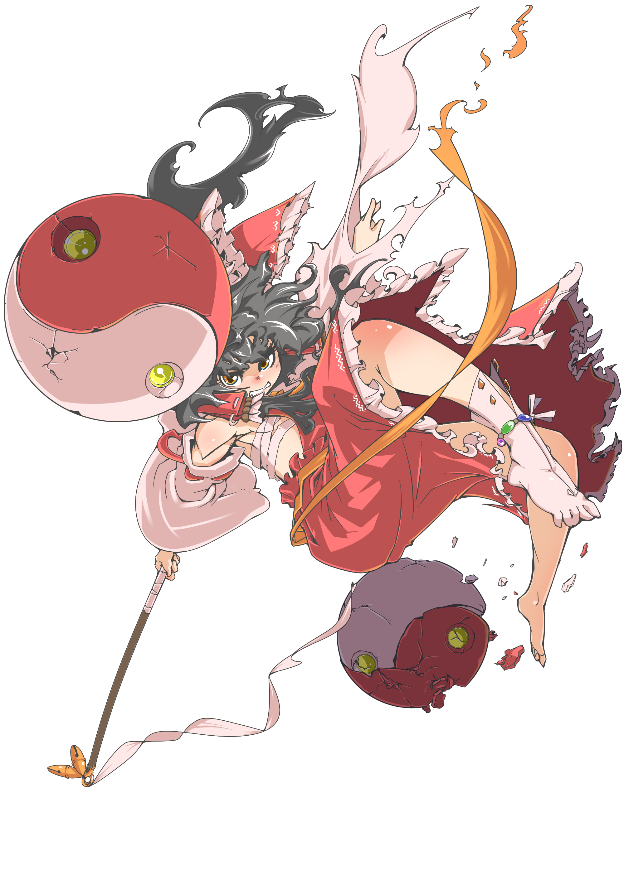 kage houshi, hakurei reimu, touhou, absurdres, highres, 1girl, anklet, barefoot, black hair, bow, broken, clenched teeth, detached sleeves, female focus, full body, gohei, hair bow, jewelry, sarashi, simple background, single sock, socks, solo, tabi, teeth, toes, yellow eyes, yin yang