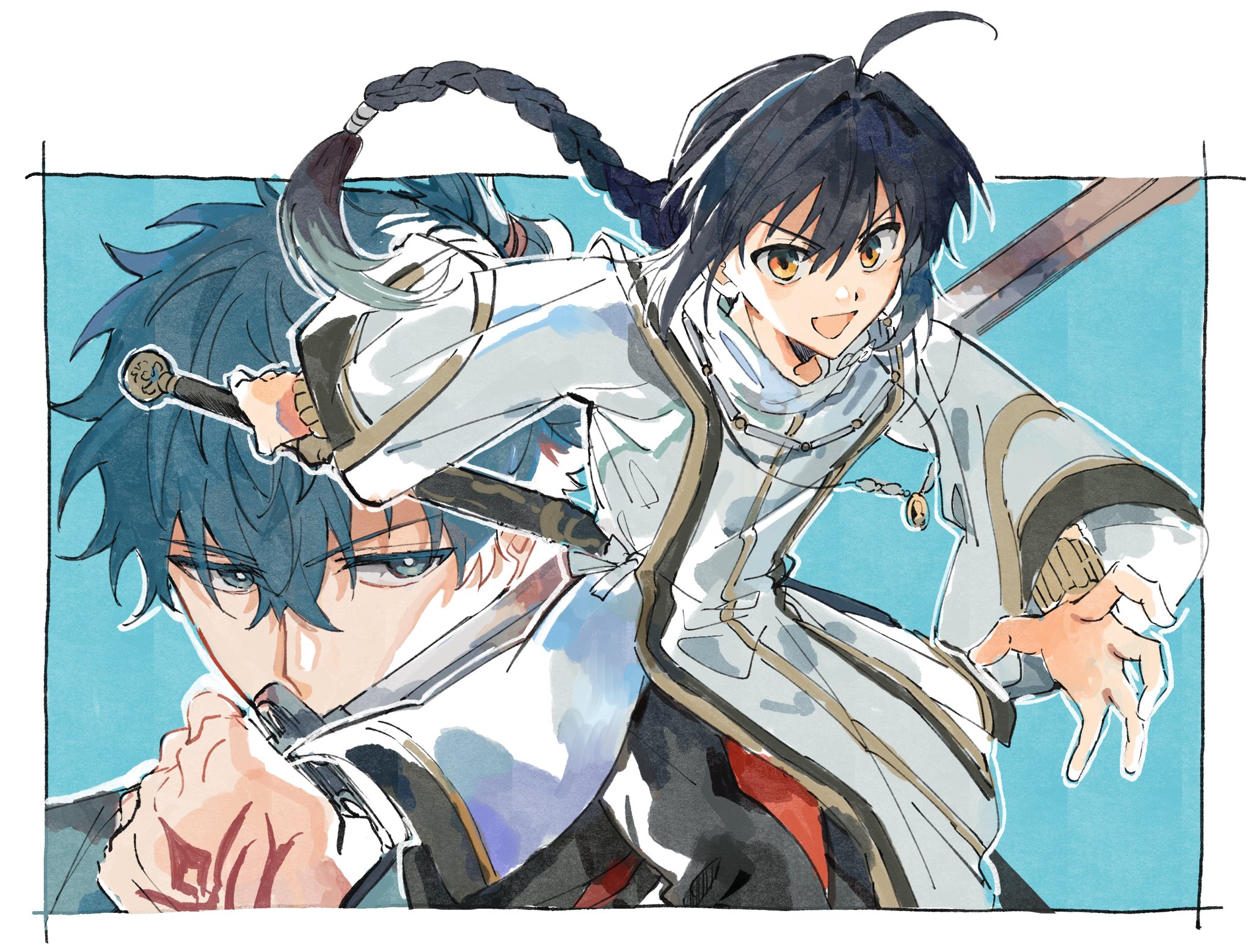 toramaru (696anna), miyamoto iori (fate), yamato takeru (fate), fate/samurai remnant, fate (series), highres, 1boy, 1other, ahoge, amulet, androgynous, black hair, blue kimono, bracelet, command spell, hair intakes, holding, holding sword, holding weapon, japanese clothes, jewelry, katana, kimono, long braid, necklace, orange eyes, sidelocks, sword, sword on back, topknot, unsheathed, weapon, weapon on back