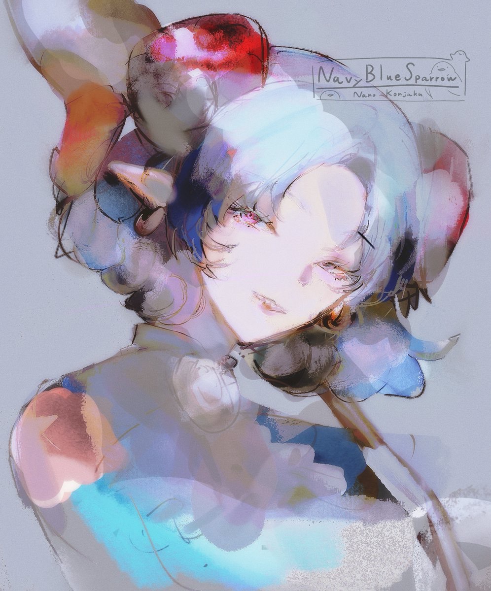 navybluesparrow, toutetsu yuuma, touhou, highres, 1girl, abstract, blue dress, blue ribbon, curled horns, dress, earrings, grey background, head tilt, holding, holding spoon, horn ornament, horn ribbon, horns, jewelry, looking at viewer, looking to the side, oversized object, parted bangs, pink eyes, pointy ears, ribbon, sharp teeth, short hair, simple background, smile, solo, spoon, teeth