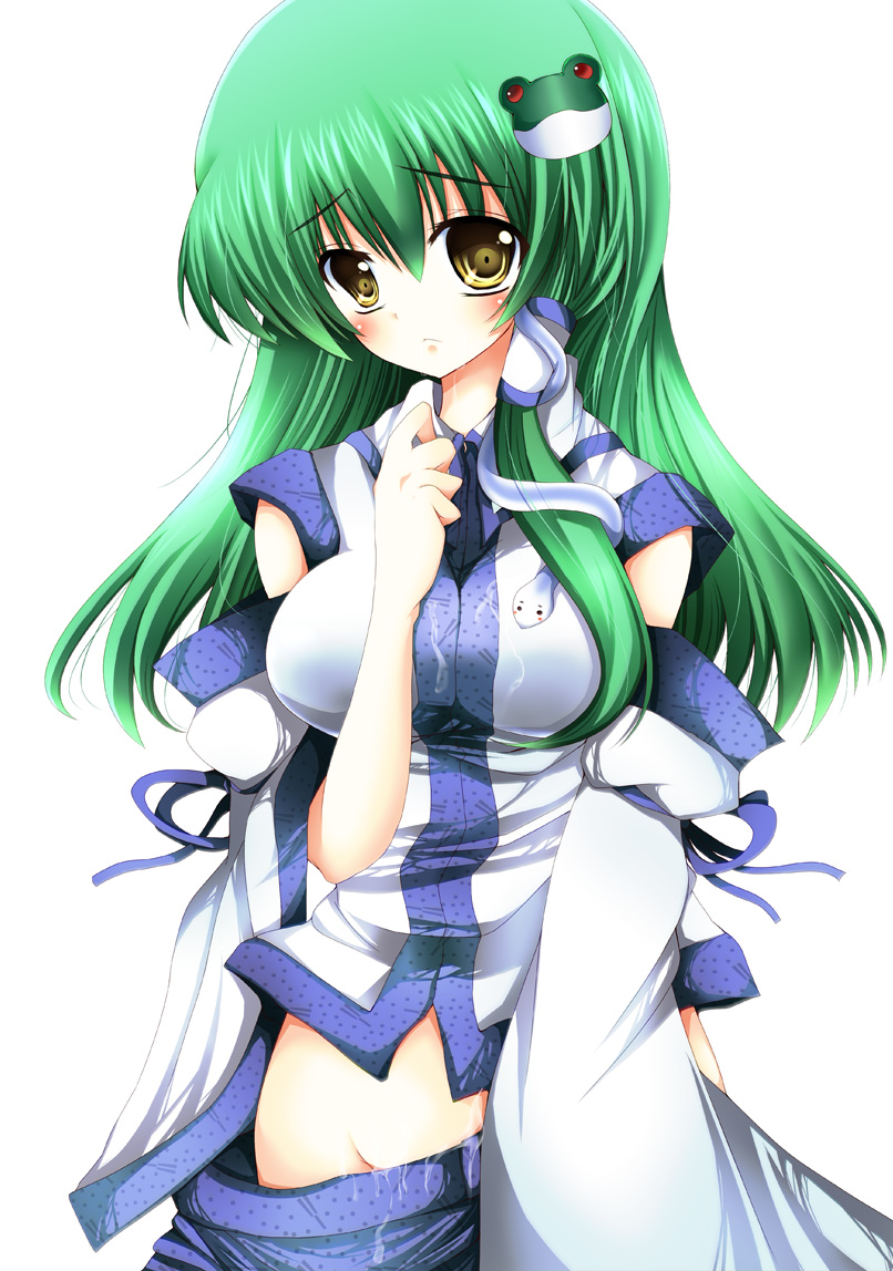 maru itsuki, ponpopo, kochiya sanae, touhou, bad id, bad pixiv id, 1girl, detached sleeves, female focus, frog, green hair, groin, hair ornament, no panties, snake, solo, yellow eyes