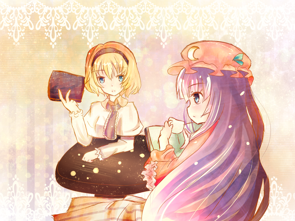 munieru, alice margatroid, patchouli knowledge, touhou, 2girls, book, crescent moon, cup, drinking, female focus, hairband, hat, moon, multiple girls, table, teacup