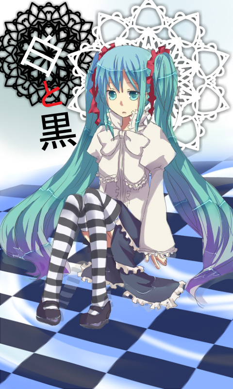 hisaya (shiroron), hatsune miku, vocaloid, bad id, bad pixiv id, green eyes, green hair, long hair, solo, striped clothes, striped thighhighs, thighhighs, twintails