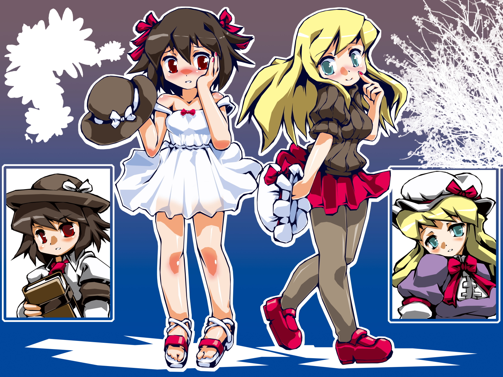 sukiyo, maribel hearn, usami renko, ghostly field club, touhou, cross-laced footwear, highres, 2girls, alternate costume, blonde hair, blue eyes, blush, brown hair, cross-laced sandals, dress, female focus, hat, long hair, multiple girls, no headwear, pantyhose, red eyes, sandals, short hair, unworn hat, unworn headwear
