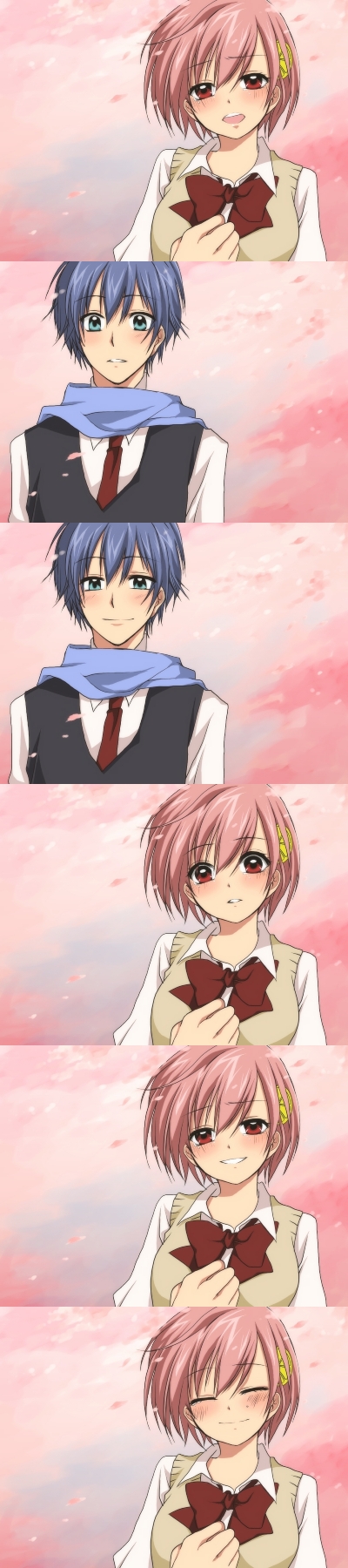 minami (taiyou no hana), kaito (vocaloid), meiko (vocaloid), vocaloid, highres, long image, tall image, 1boy, 1girl, blue eyes, blue hair, brown eyes, brown hair, cherry blossoms, couple, hetero, pink hair, school uniform, short hair, smile