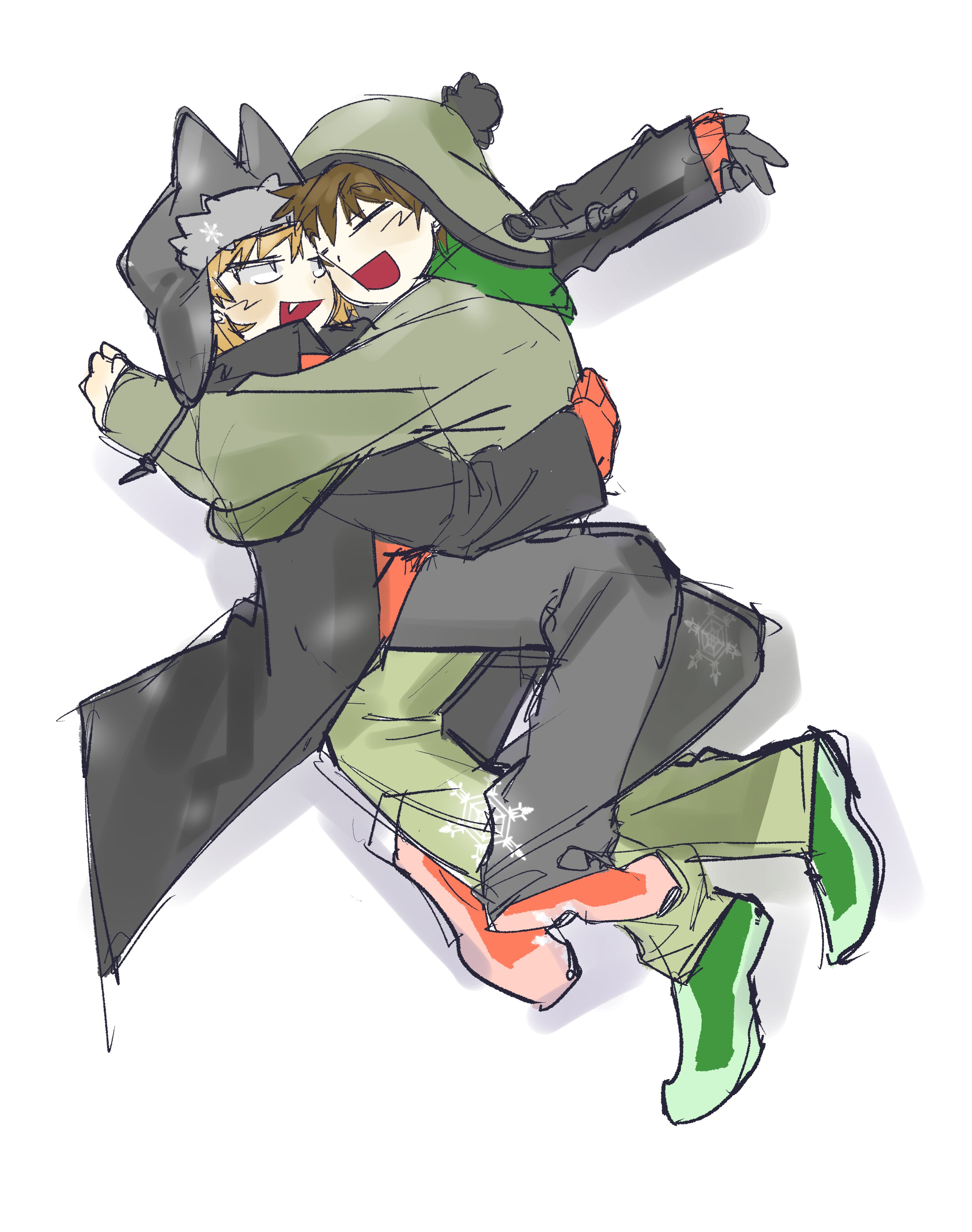 edd (eddsworld), eddsworld, absurdres, highres, 2boys, :d, = =, animification, asymmetrical gloves, black coat, black gloves, black hat, black pants, blush, brown hair, cheek-to-cheek, chullo, coat, couple, fang, full body, gloves, green coat, green hat, green hoodie, green pants, green shoes, hat, heads together, high collar, hood, hood down, hoodie, hug, long sleeves, looking at another, lying, male focus, mismatched gloves, multiple boys, mutual hug, official alternate costume, on side, open clothes, open coat, open mouth, pants, red gloves, red hoodie, red shoes, shoes, short hair, simple background, sketch, smile, snowflakes, tord (eddsworld), trench coat, ushanka, white background, winter clothes, yaoi, yeojaminji2