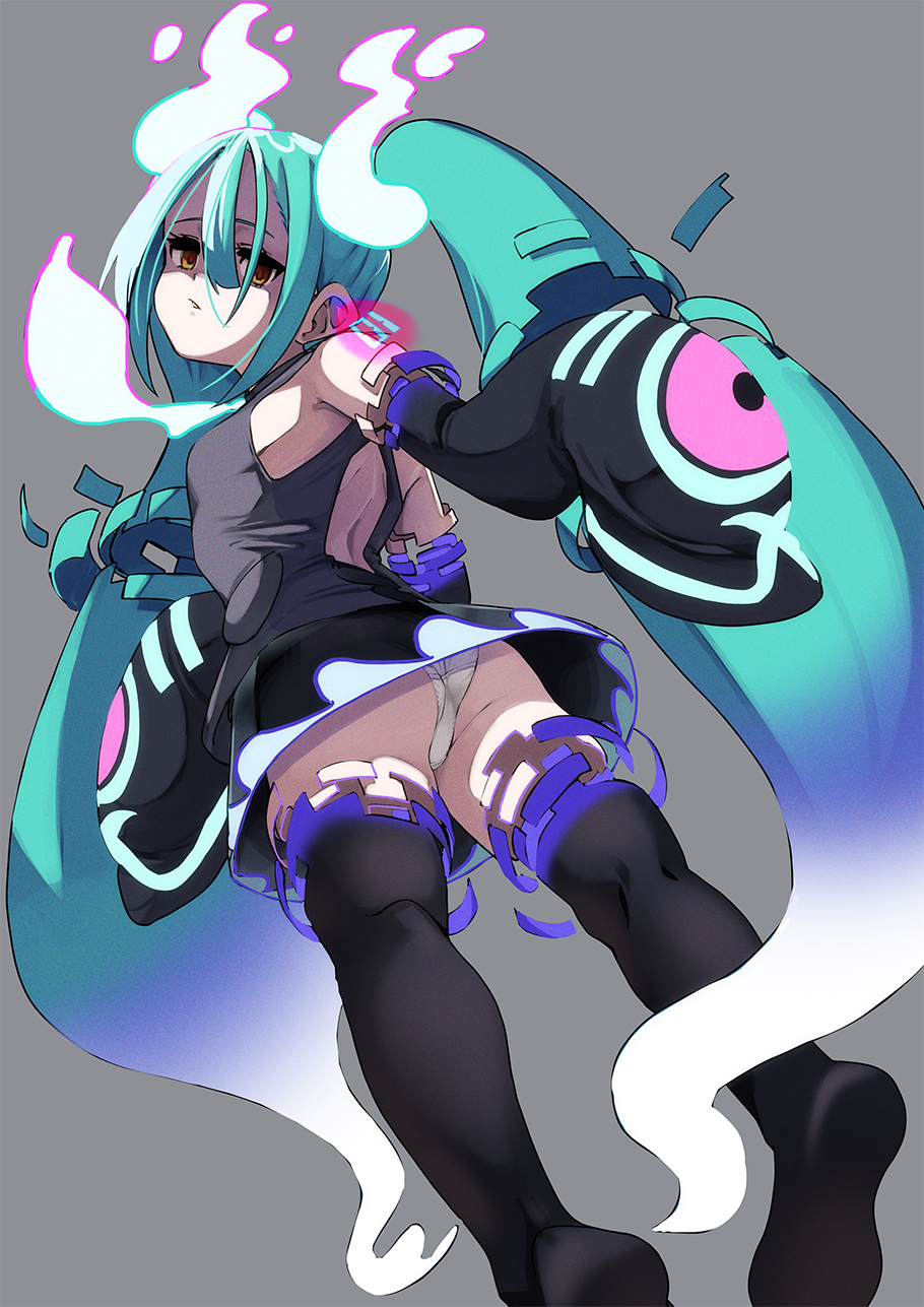 fu-ta, ghost miku (project voltage), hatsune miku, nintendo, pokemon, project voltage, vocaloid, commentary request, highres, 1girl, aqua hair, ass, black skirt, black sleeves, black thighhighs, detached arm, detached legs, detached sleeves, from behind, from below, gradient hair, grey background, grey shirt, looking at viewer, looking back, miniskirt, multicolored hair, no shoes, panties, pantyshot, shaded face, shirt, simple background, skirt, sleeveless, sleeveless shirt, sleeves past fingers, sleeves past wrists, solo, thighhighs, twintails, underwear, white panties, will-o'-the-wisp (mythology)