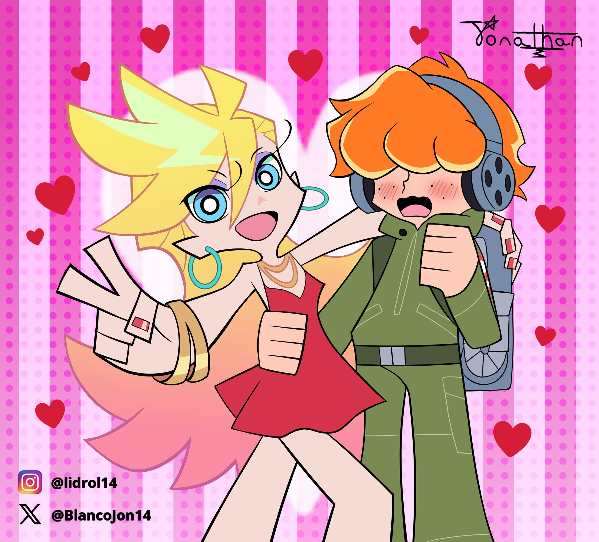 brief (psg), panty (psg), panty & stocking with garterbelt, highres, 1boy, 1girl, blancojon14, blonde hair, blue eyes, blush, breasts, couple, dress, earrings, english text, freckles, ghostbusters uniform, green hoodie, hair over eyes, headphones, heart, heart background, hetero, hood, hoodie, hoop earrings, instagram logo, instagram username, jewelry, legs, long hair, looking at viewer, multicolored hair, necklace, official style, open mouth, orange hair, pink background, proton pack, red dress, red nails, smile, thighs, twitter username, twitter x logo, two-tone hair, v, valentine