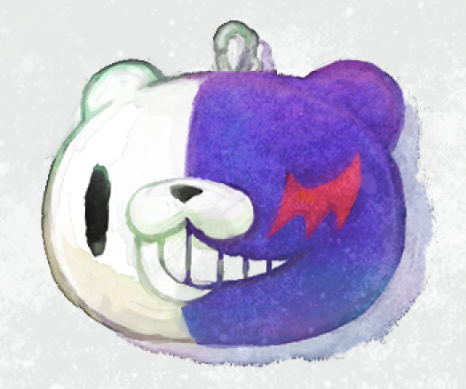 hiraga na, gloomy bear, monokuma, danganronpa (series), itazuraguma no gloomy, commentary request, bear, character charm, charm (object), fusion, heterochromia, no humans, two-tone fur, white background