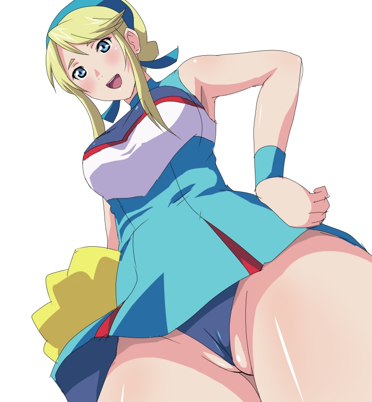 toku (tokuhp), lina davis, heroman, 1girl, blonde hair, blue eyes, cameltoe, cheerleader, female focus, from below, frontal wedgie, open mouth, perspective, pom pom (cheerleading), pussy, solo, twintails, uncensored, upskirt, wedgie