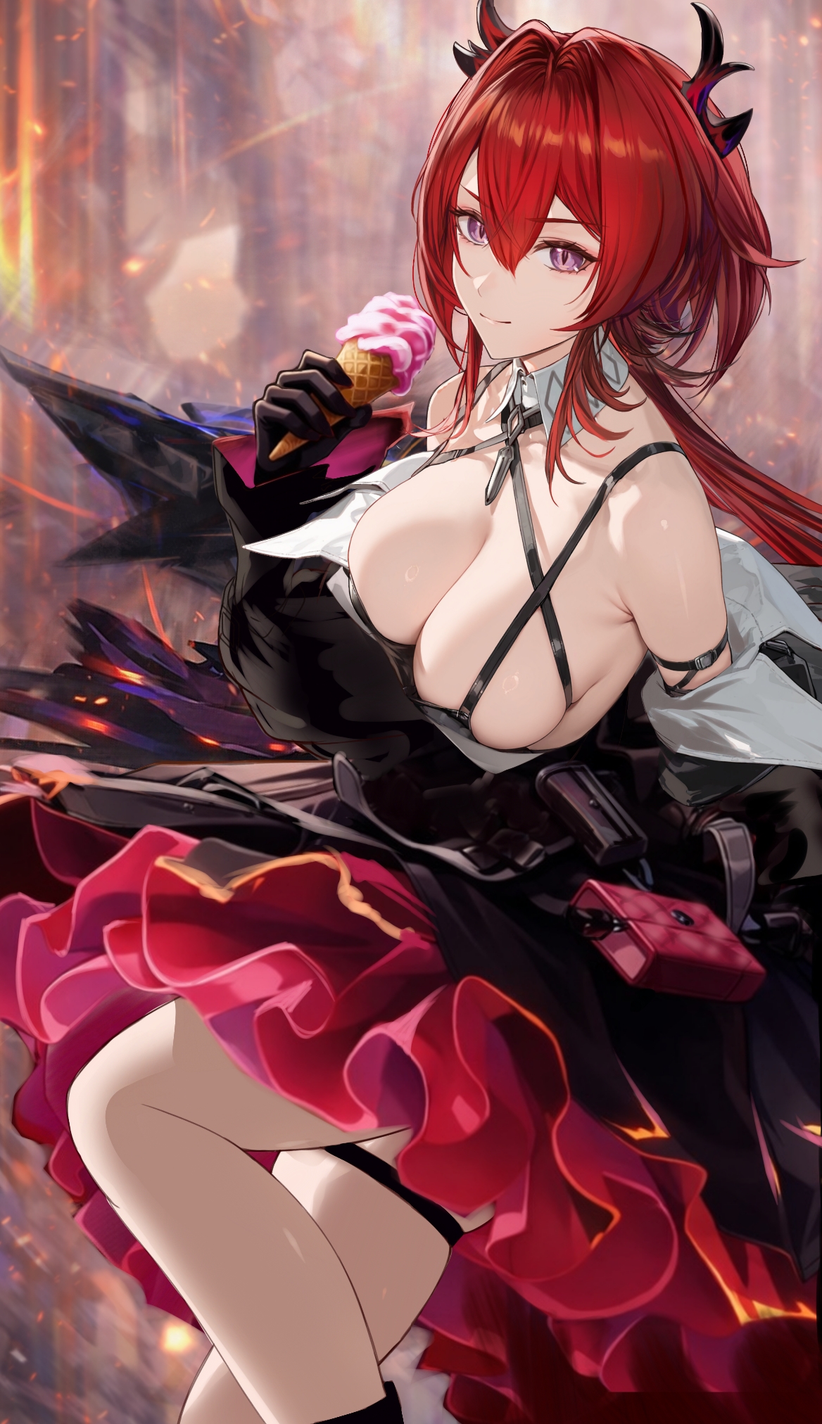 saint laurent paris, laevatain (arknights), surtr (arknights), arknights, arknights: endfield, commentary request, highres, 1girl, bare shoulders, black dress, black gloves, black horns, breasts, cleavage, colored petticoat, demon girl, demon horns, dress, gloves, holding, holding ice cream cone, horns, ice cream cone, large breasts, long hair, looking at viewer, purple eyes, red hair, skindentation, smile, solo, thigh strap, thighs, very long hair