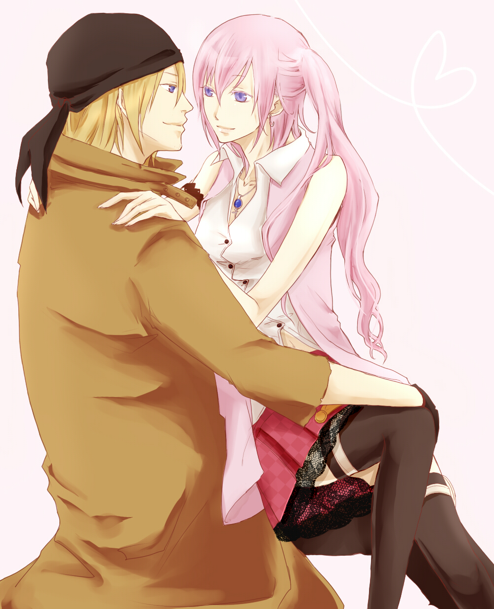 minami (die glut), serah farron, snow villiers, final fantasy, final fantasy xiii, bad id, bad pixiv id, highres, 10s, 1boy, 1girl, beanie, couple, earrings, hat, hetero, jewelry, long hair, pink hair, purple eyes, side ponytail, southerly, thighhighs
