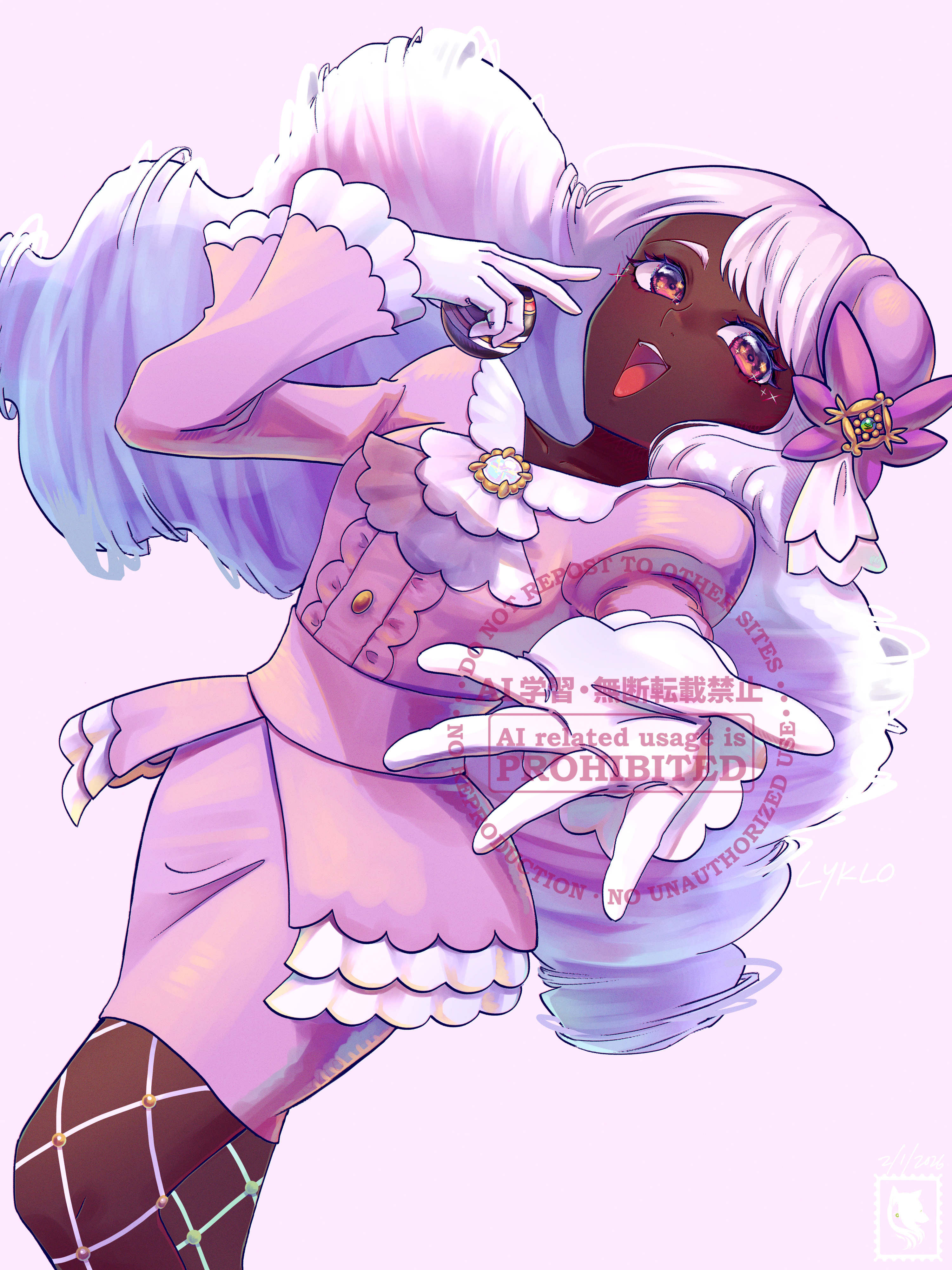 jacinthe (pokemon), nintendo, pokemon, pokemon legends: z-a, absurdres, commentary request, highres, 1girl, :d, brown eyes, dark-skinned female, dark skin, dress, fishnet pantyhose, fishnets, gloves, hand up, holding, holding poke ball, luxury ball, lyklo, open mouth, pantyhose, poke ball, puffy sleeves, smile, solo, teeth, tilted headwear, upper teeth only, watermark, white gloves