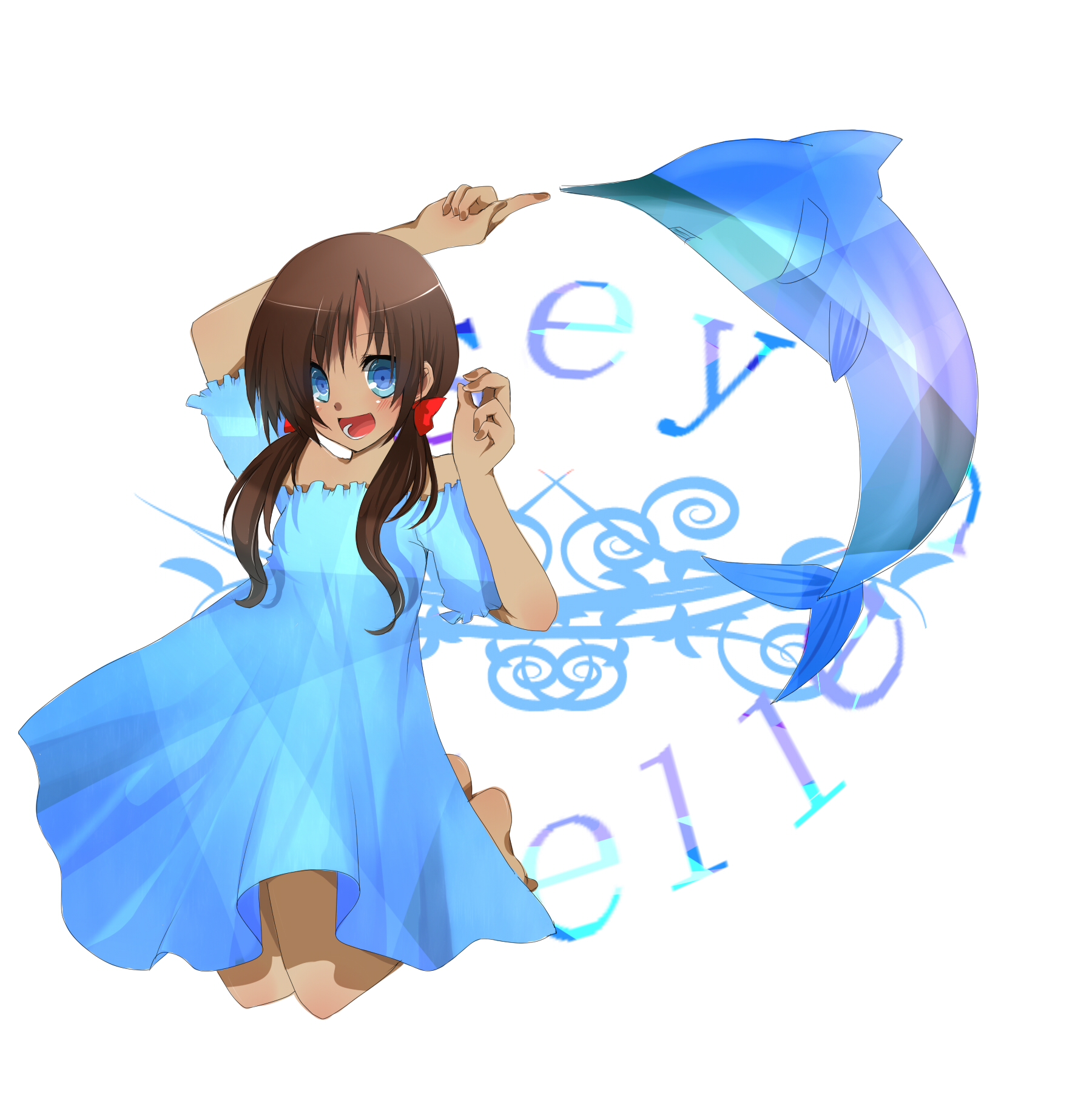 ai 1003, airi toro (pixiv), seychelles (hetalia), axis powers hetalia, bad id, bad pixiv id, highres, 1girl, barefoot, blue eyes, brown hair, dark-skinned female, dark skin, dolphin, dress, female focus, hair ribbon, long hair, open mouth, ribbon, smile, solo, twintails