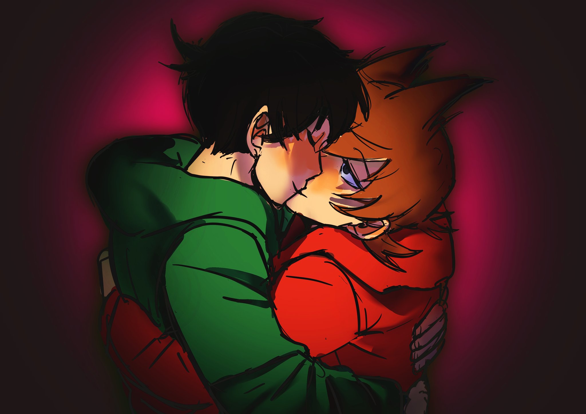 kuangzihaixing, edd (eddsworld), eddsworld, chinese commentary, commentary request, highres, 2boys, animification, antenna hair, black eyes, blush, brown hair, closed eyes, couple, flipped hair, green hoodie, hair behind ear, hair ears, hood, hood down, hoodie, hug, kiss, long sleeves, looking at another, male focus, multiple boys, mutual hug, red background, red hoodie, short hair, smile, swept bangs, tord (eddsworld), upper body, vignetting, yaoi