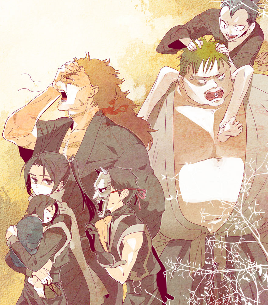 hyottoko, shio konbu, beshimi, hannya (rurouni kenshin), hyottoko (rurouni kenshin), makimachi misao, shikijou, shinomori aoshi, rurouni kenshin, annotated, bad id, bad pixiv id, 1girl, 5boys, aged down, bags under eyes, braid, branch, buck teeth, child, from side, hand on another's head, high ponytail, mask, multiple boys, ninja, oni mask, ponytail, saliva, sandals, single braid, sleeping, teeth, unworn sandals, yawning