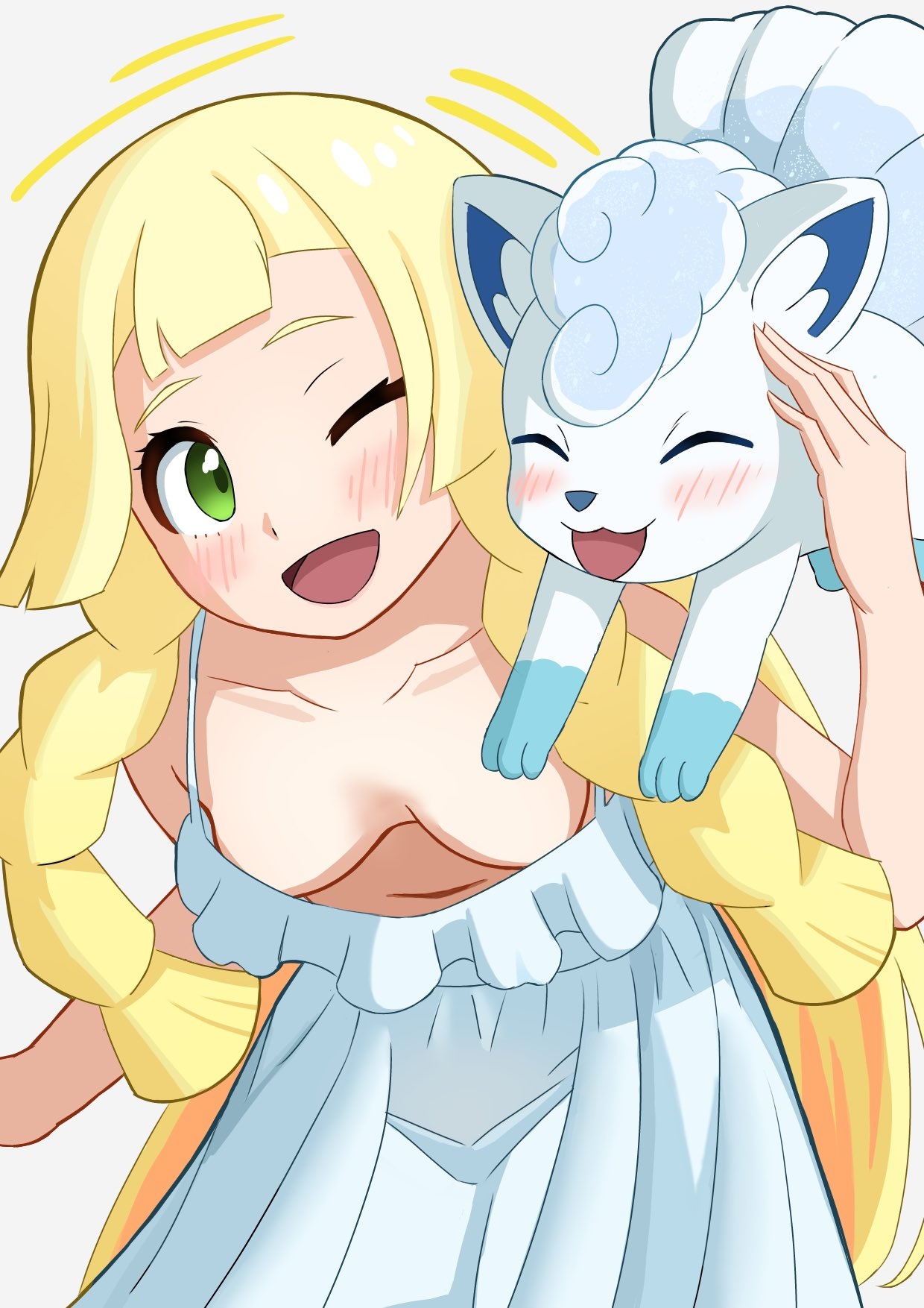 qdhtn0flcv994, alolan vulpix, lillie (pokemon), nintendo, pokemon, pokemon sm, commentary request, highres, 1girl, ;d, alolan form, blonde hair, blush, breasts, collarbone, downblouse, dress, eyelashes, gen 7 pokemon, green eyes, hand up, happy, long hair, one eye closed, open mouth, pokemon (creature), sleeveless, sleeveless dress, smile, white dress